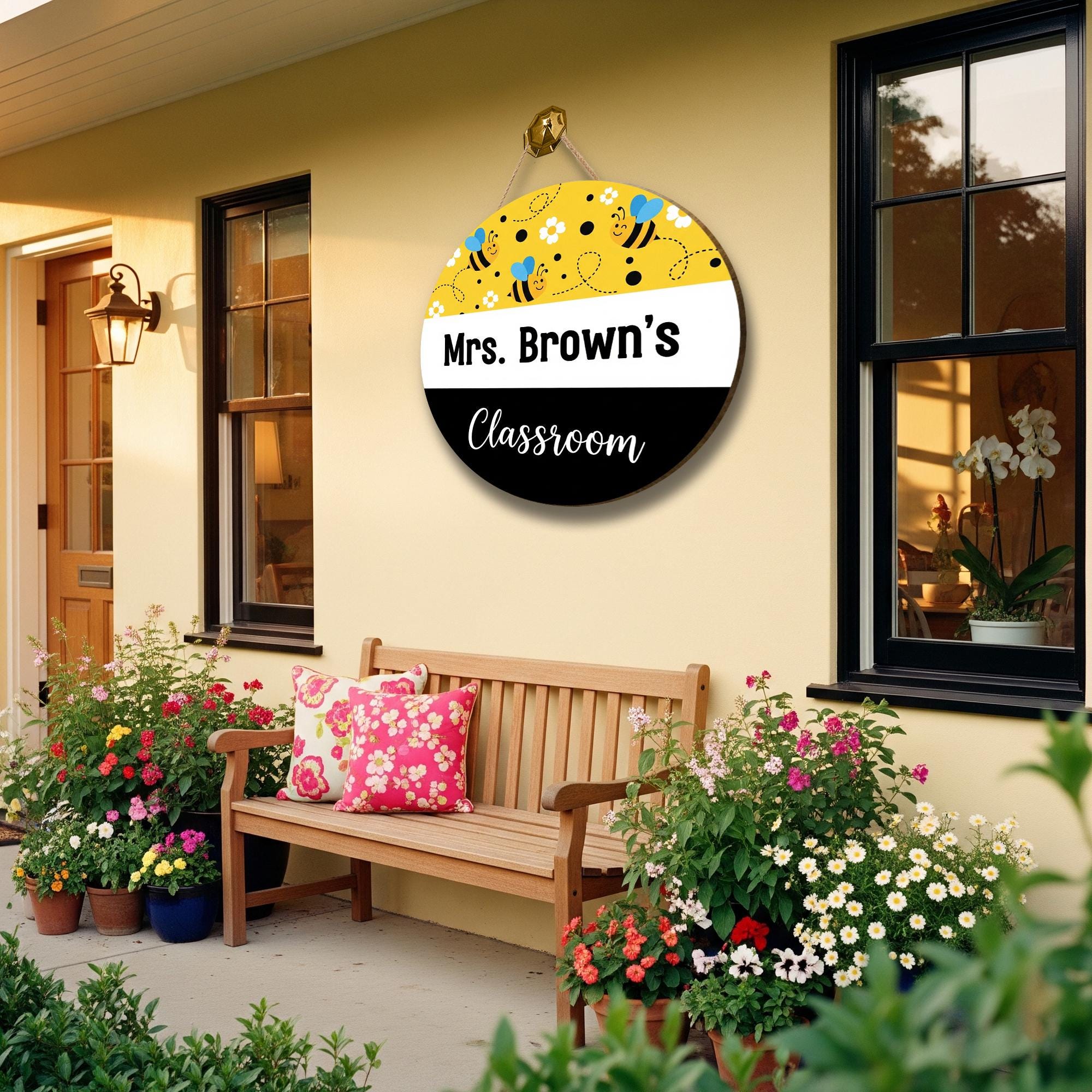Personalized Bee Classroom Door Sign - Custom Teacher Name Sign for School, Round Hanging Sign for Mrs, Miss, or Mr Classroom Decor