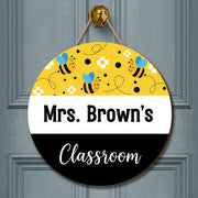 Personalized Bee Classroom Door Sign - Custom Teacher Name Sign for School, Round Hanging Sign for Mrs, Miss, or Mr Classroom Decor