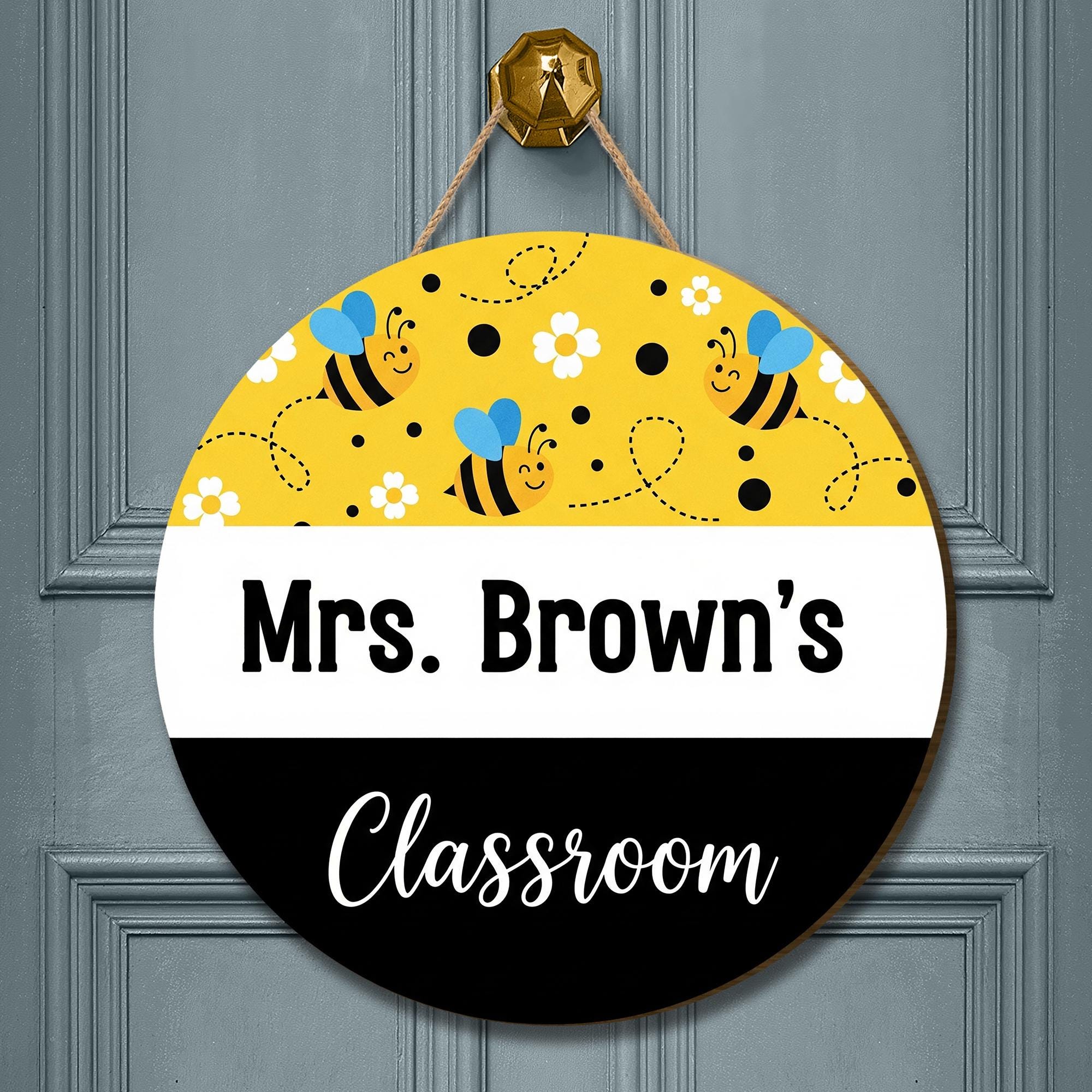 Personalized Bee Classroom Door Sign - Custom Teacher Name Sign for School, Round Hanging Sign for Mrs, Miss, or Mr Classroom Decor