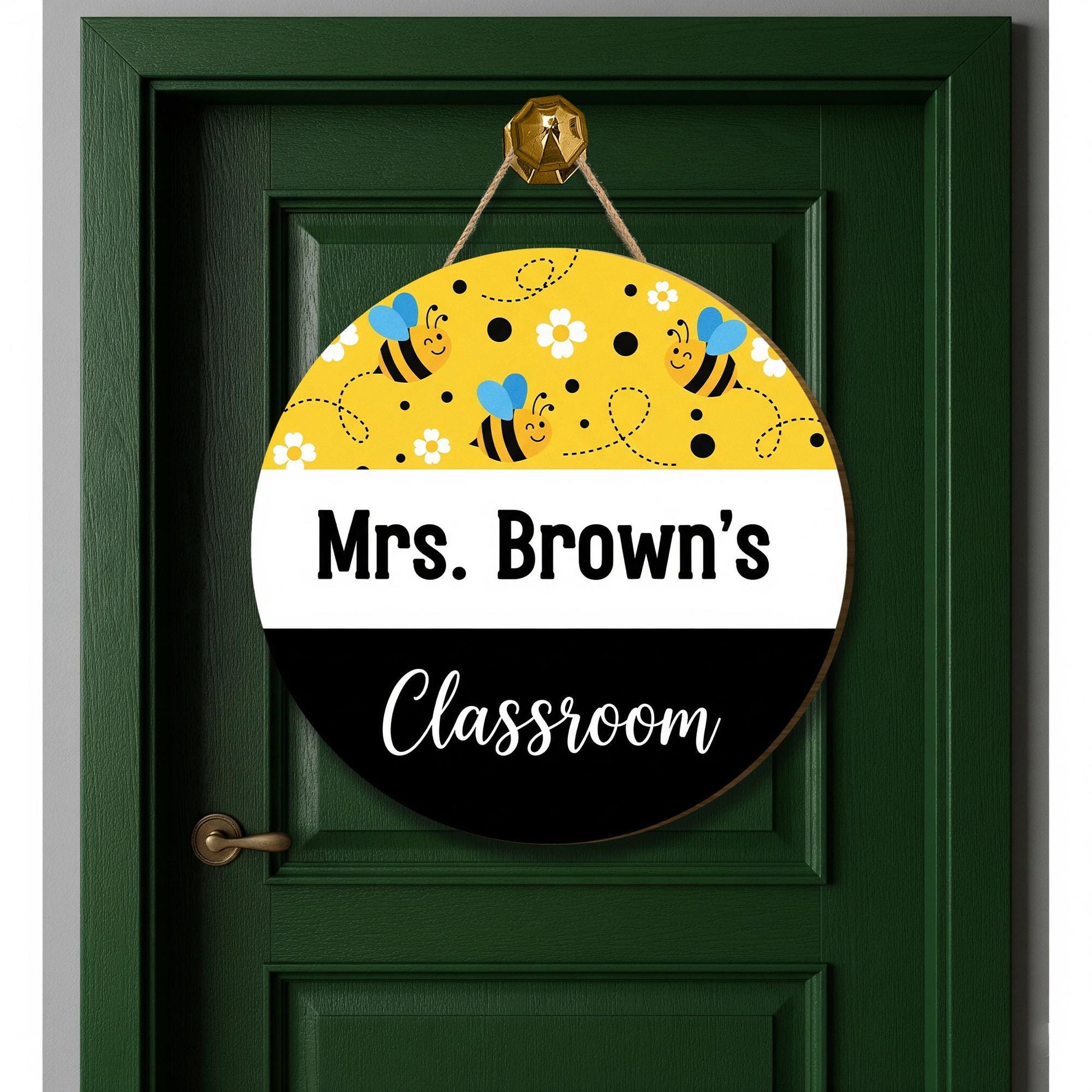 Personalized Bee Classroom Door Sign - Custom Teacher Name Sign for School, Round Hanging Sign for Mrs, Miss, or Mr Classroom Decor