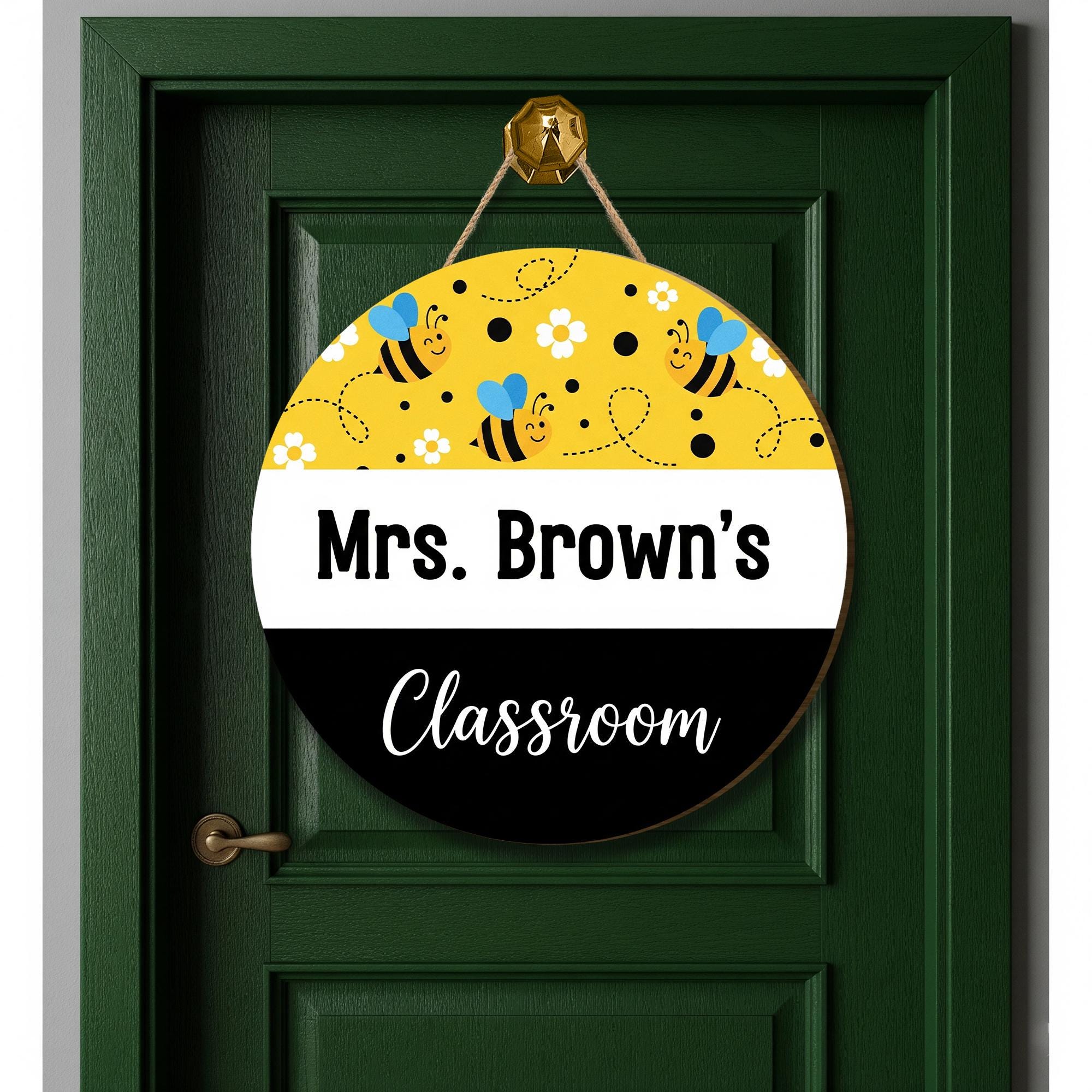 Personalized Bee Classroom Door Sign - Custom Teacher Name Sign for School, Round Hanging Sign for Mrs, Miss, or Mr Classroom Decor