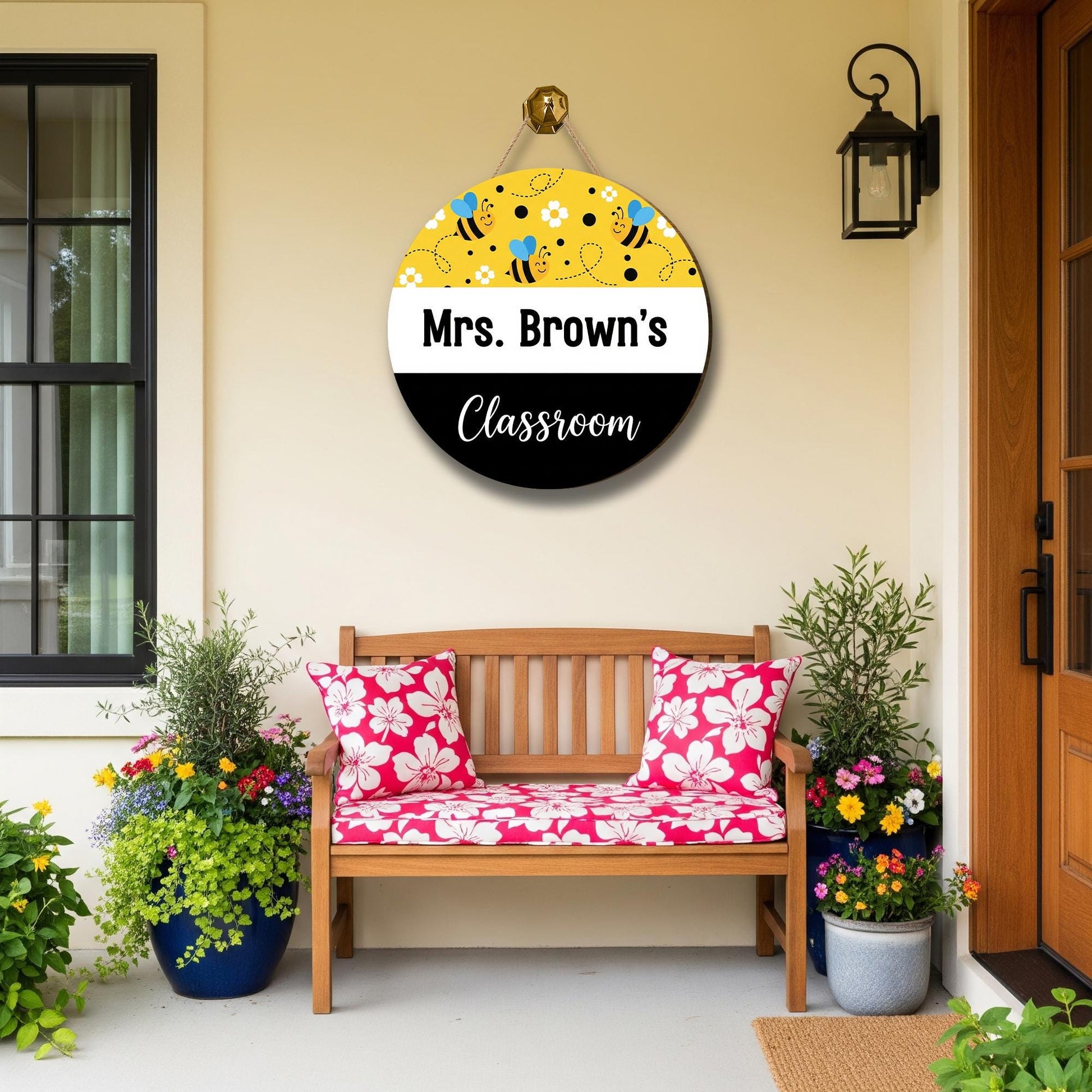 Personalized Bee Classroom Door Sign - Custom Teacher Name Sign for School, Round Hanging Sign for Mrs, Miss, or Mr Classroom Decor