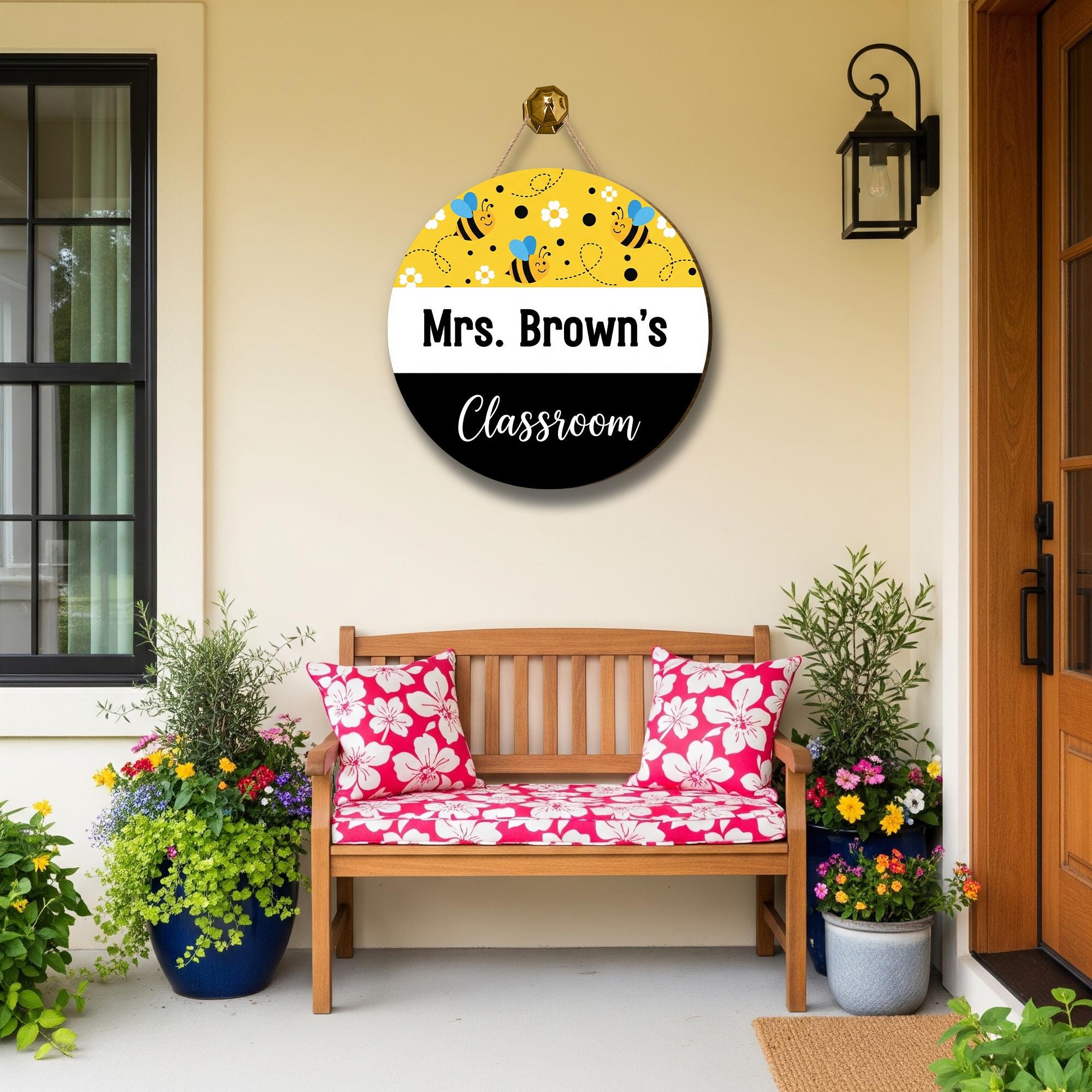 Personalized Bee Classroom Door Sign - Custom Teacher Name Sign for School, Round Hanging Sign for Mrs, Miss, or Mr Classroom Decor