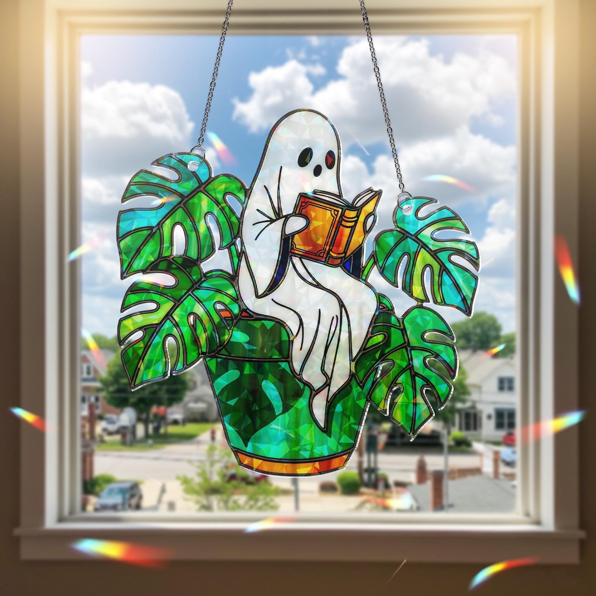 Ghost Plant Suncatcher – Holographic Acrylic Window Decor, Reading Ghost in Monstera Pot, Spooky Cottagecore Gift for Plant Lovers
