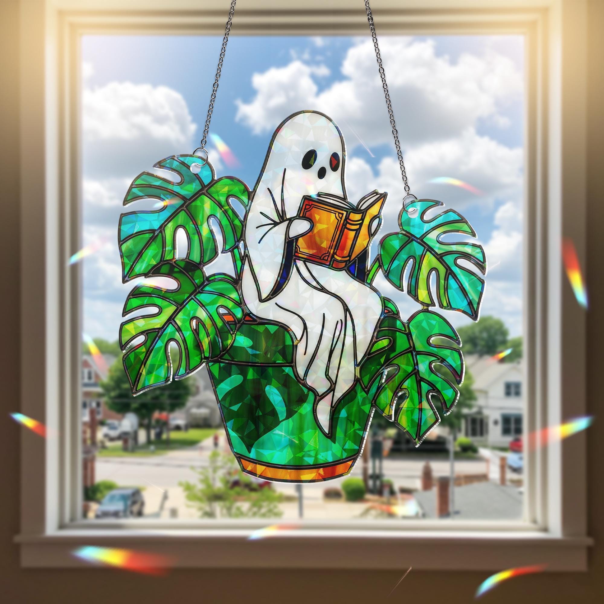 Ghost Plant Suncatcher – Holographic Acrylic Window Decor, Reading Ghost in Monstera Pot, Spooky Cottagecore Gift for Plant Lovers