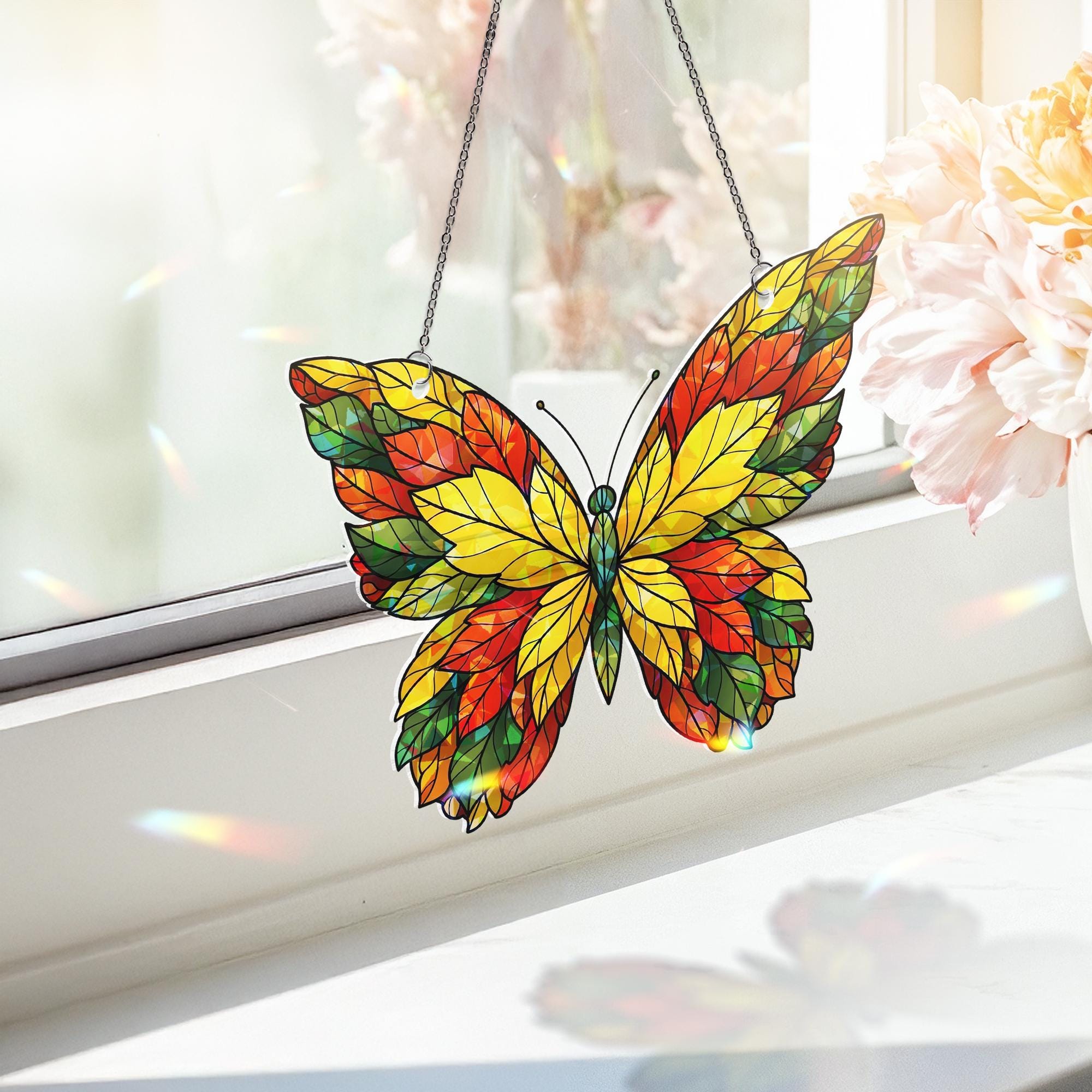 Faux Stained Glass Butterfly Suncatcher | Autumn Leaves Window Decor | Hologram Prism Catcher | Fall Butterfly Art | Unique Home Gift