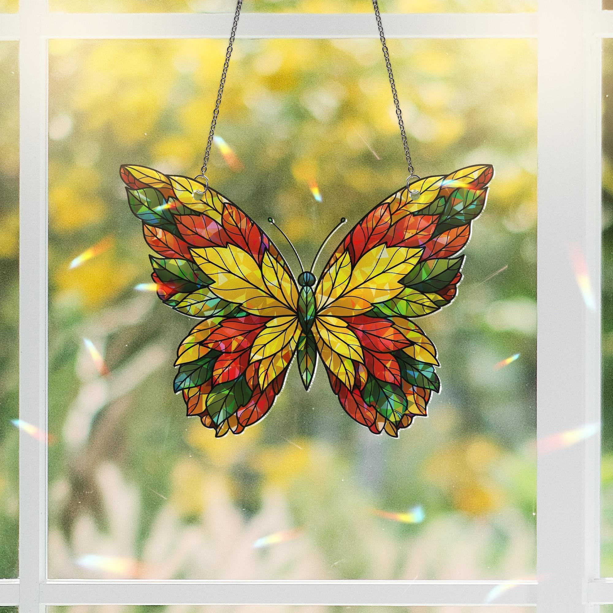 Faux Stained Glass Butterfly Suncatcher | Autumn Leaves Window Decor | Hologram Prism Catcher | Fall Butterfly Art | Unique Home Gift