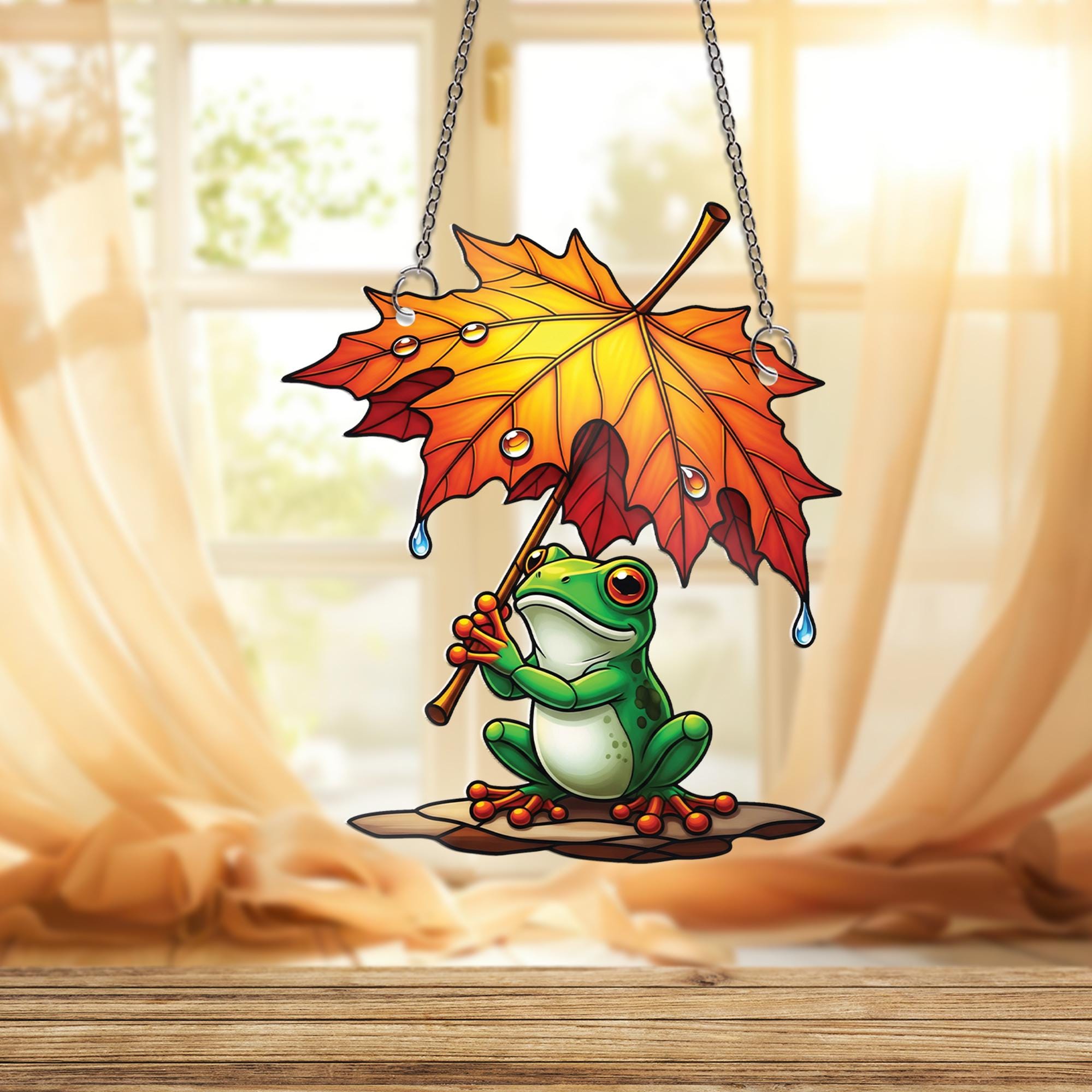 Rainy Day Frog Suncatcher, Autumn Leaf Umbrella Window Art, Cute Frog Decor, Fall Home Accent, Unique Animal Lover Gift, Sun Catcher
