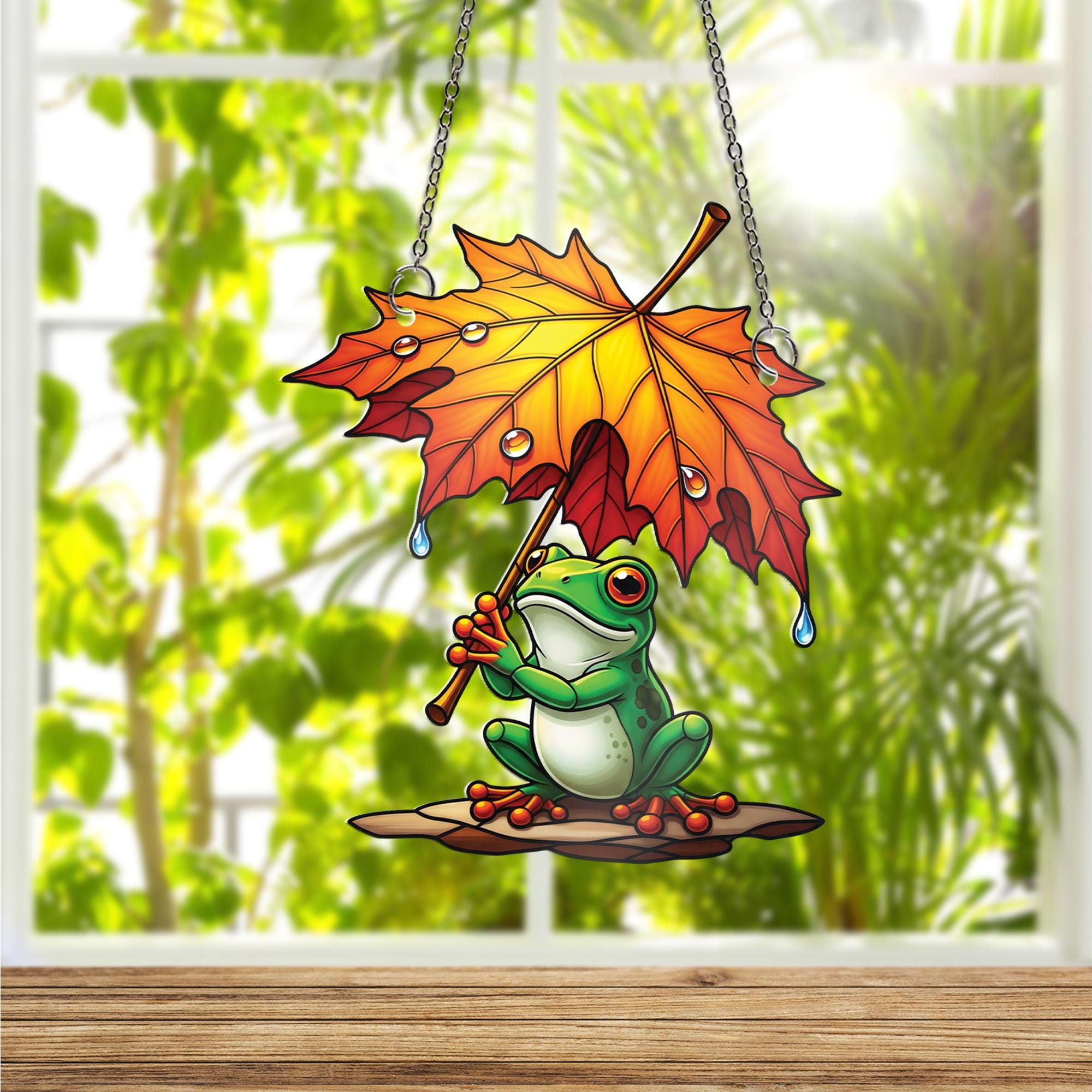 Rainy Day Frog Suncatcher, Autumn Leaf Umbrella Window Art, Cute Frog Decor, Fall Home Accent, Unique Animal Lover Gift, Sun Catcher