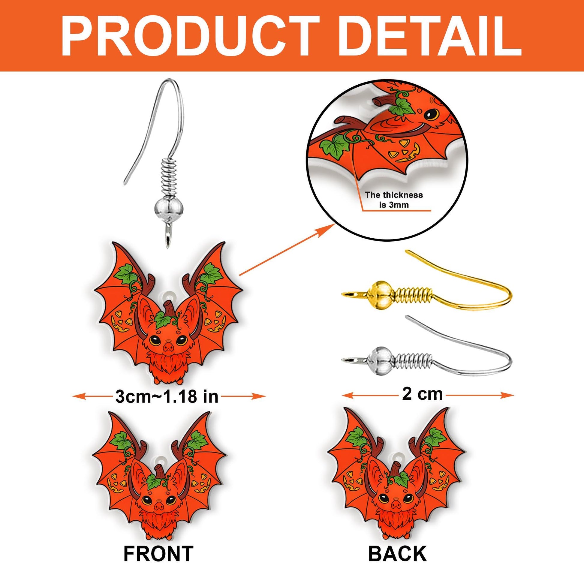 Halloween Bat Earrings, Pumpkin Bat Jewelry, Spooky Cute Dangle Earrings, Autumn Bat Gift, Unique Halloween Accessories, Fall Bat Adornment