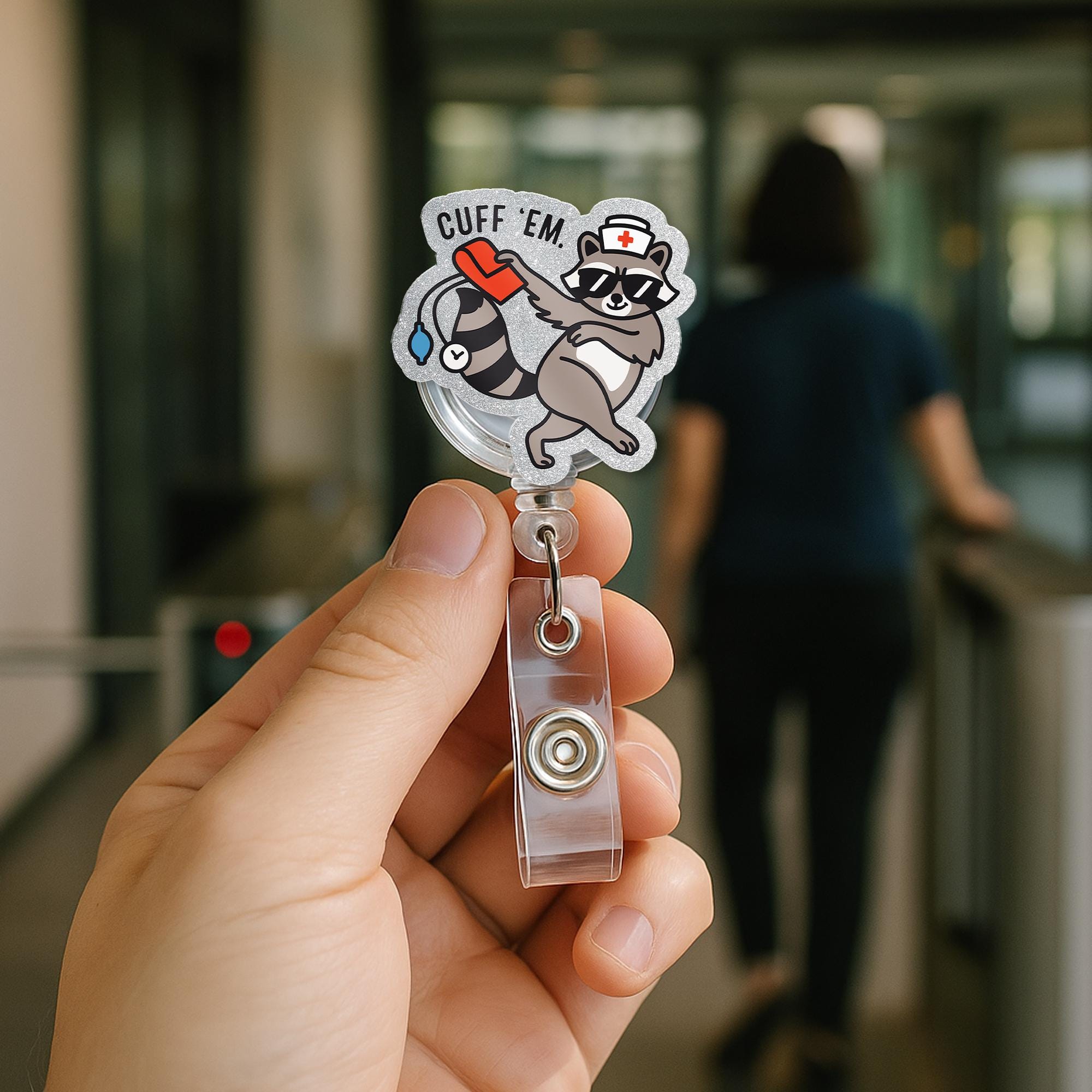 Nurse Funny Badge Reel, Silly Raccoon Nurse Badge Clip, ER Nurse ID Holder, RN Nurse Name Tag Cuff Em Nurse Practitioner Nurse Appreciation