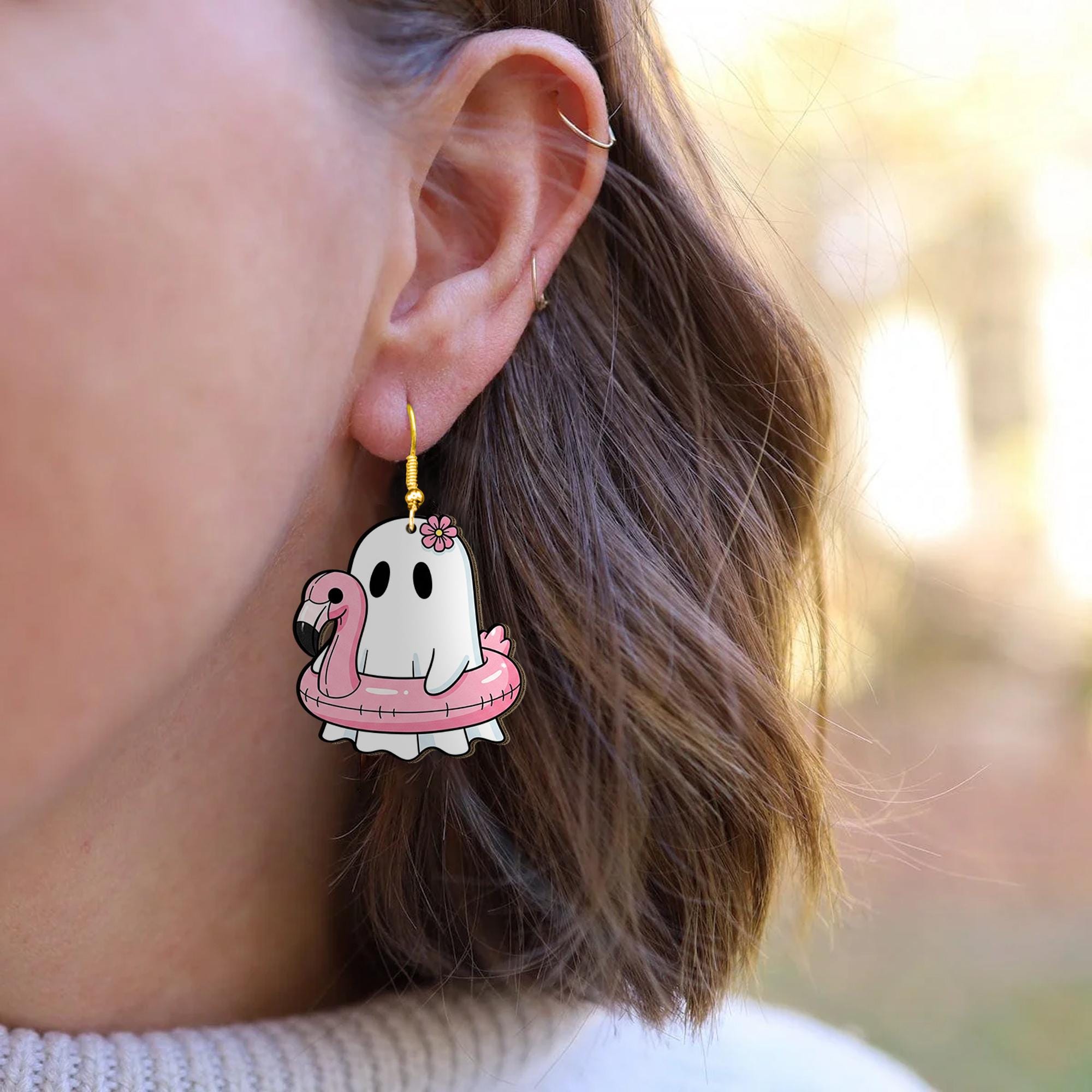 Pool Party Ghost Earrings, Flamingo Float Ghost Jewelry, Summer Spooky Dangles, Cute Ghost Gift, Vacation Theme Earrings, Beach Ghost
