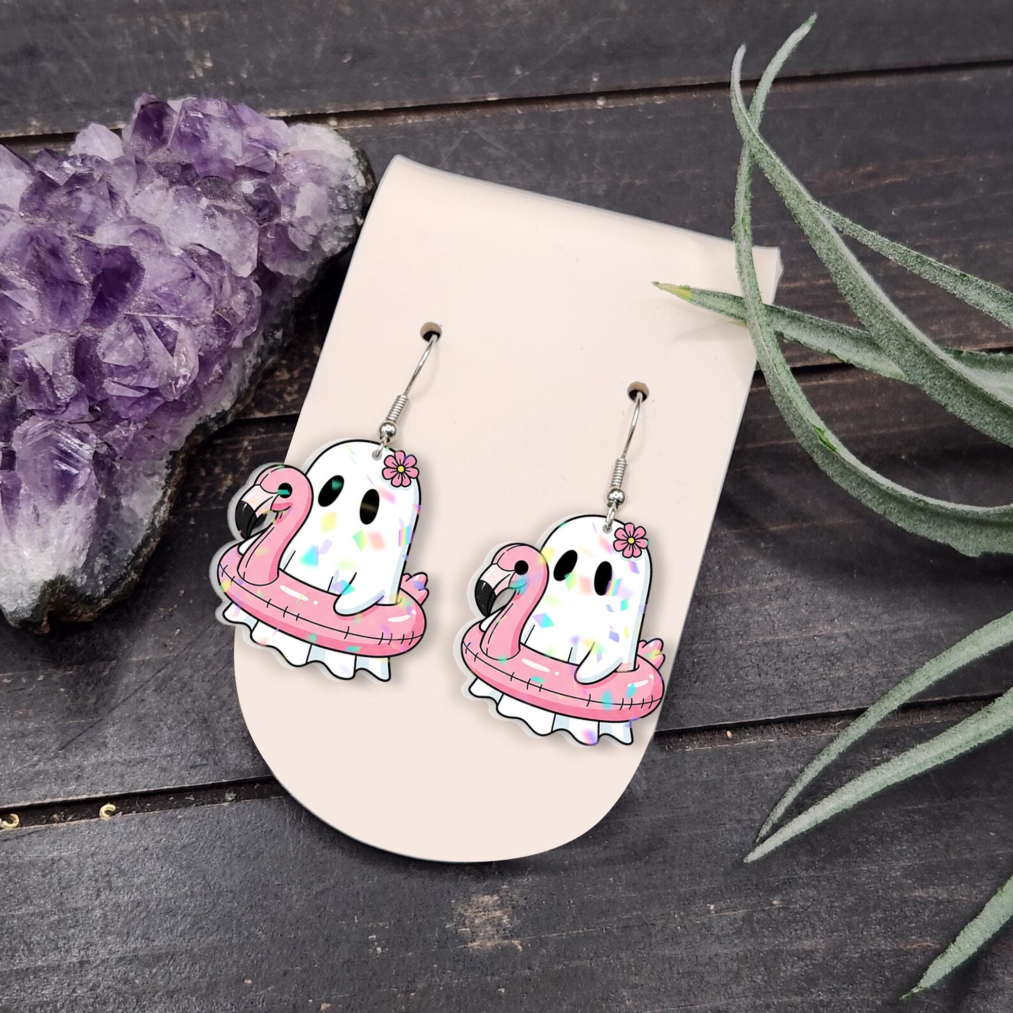 Pool Party Ghost Earrings, Flamingo Float Ghost Jewelry, Summer Spooky Dangles, Cute Ghost Gift, Vacation Theme Earrings, Beach Ghost