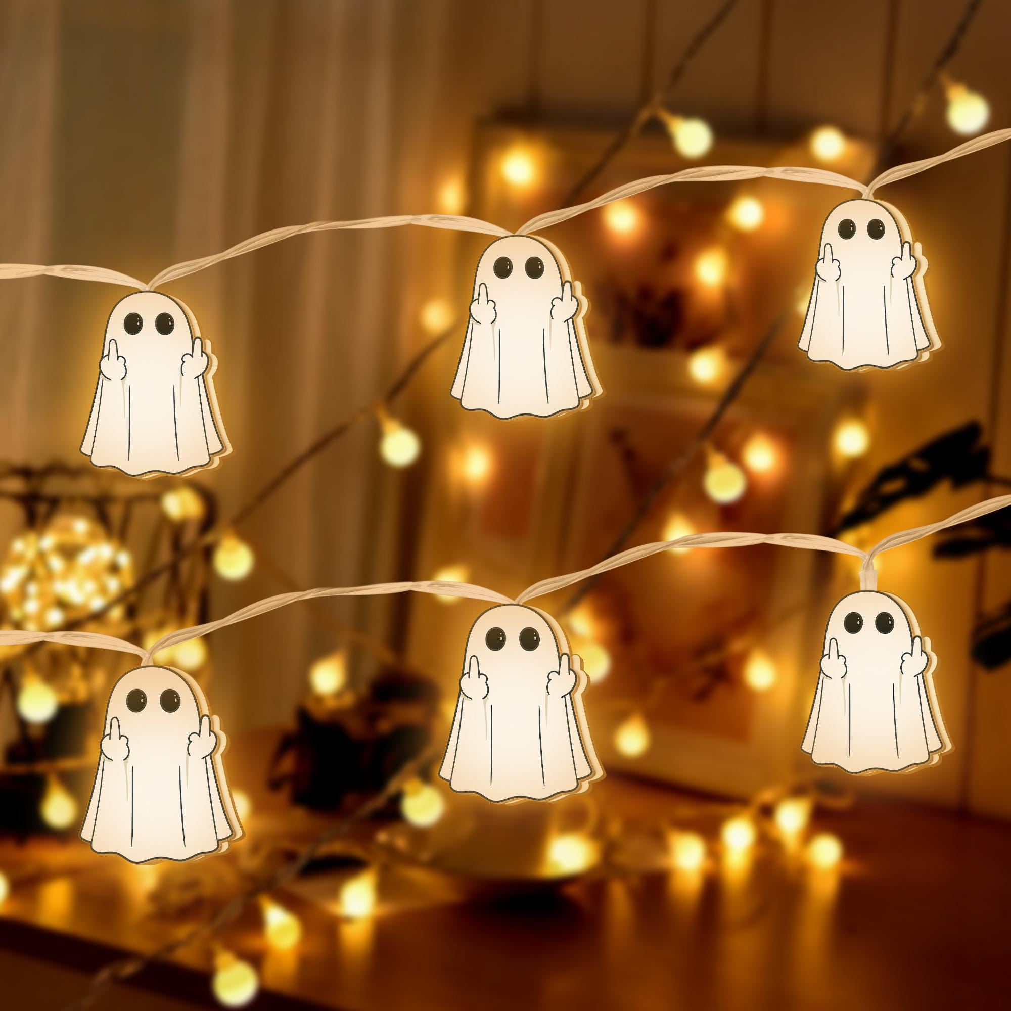 Rude Ghost String Lights – Funny Halloween Middle Finger Lights, Spooky Offensive Ghost Decor for Sassy Adults & Goth Humor Lovers