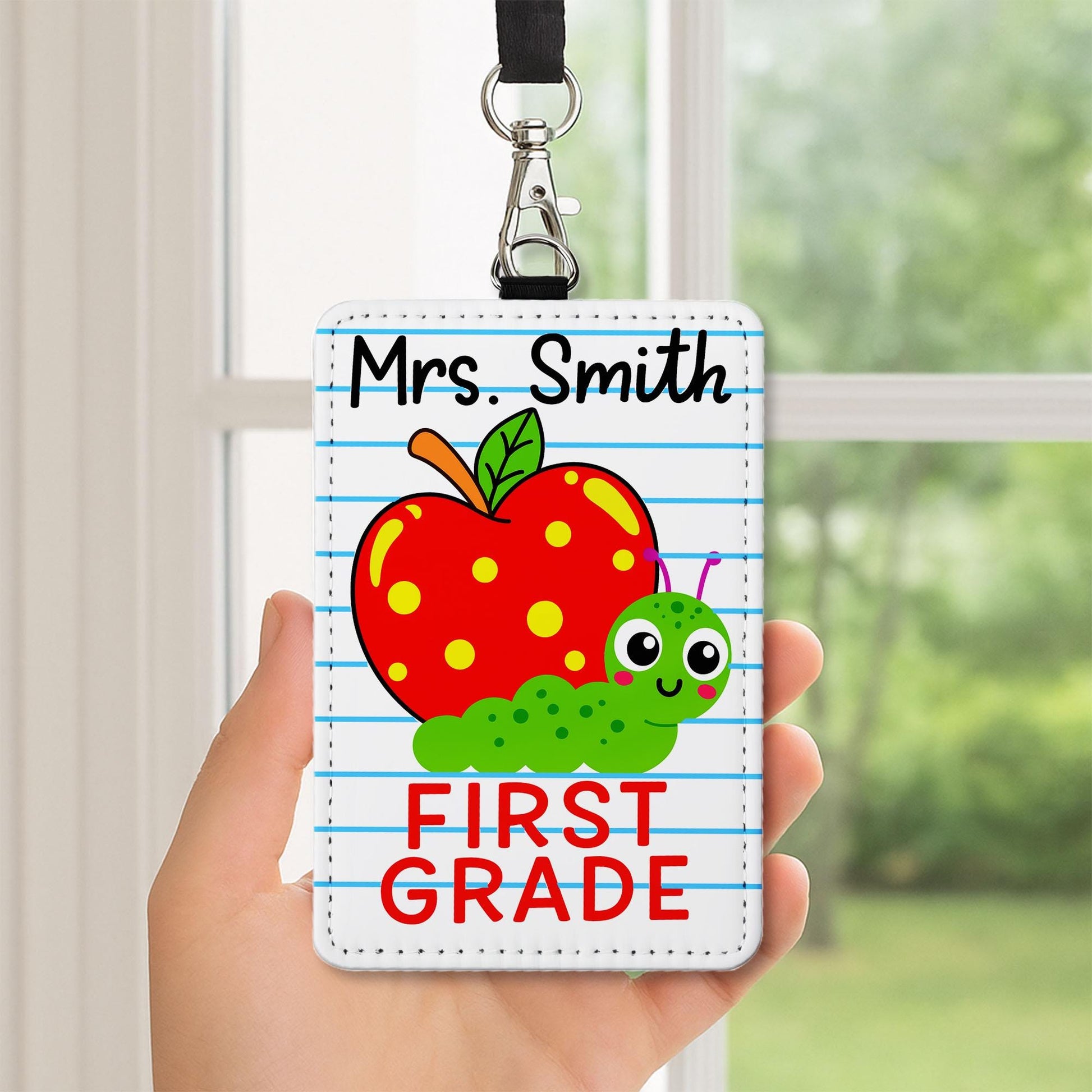 Personalized Teacher Badge Reel Holder, Cute Apple, Worm First Grade Name Tag, Back to School Classroom Lanyard ID Accessory, Back To School