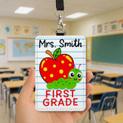 Personalized Teacher Badge Reel Holder, Cute Apple, Worm First Grade Name Tag, Back to School Classroom Lanyard ID Accessory, Back To School