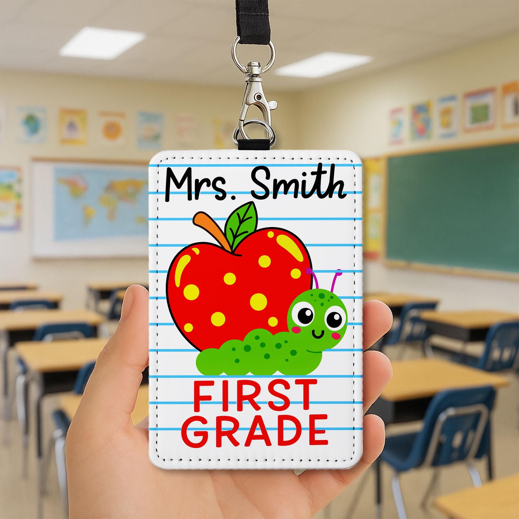 Personalized Teacher Badge Reel Holder, Cute Apple, Worm First Grade Name Tag, Back to School Classroom Lanyard ID Accessory, Back To School
