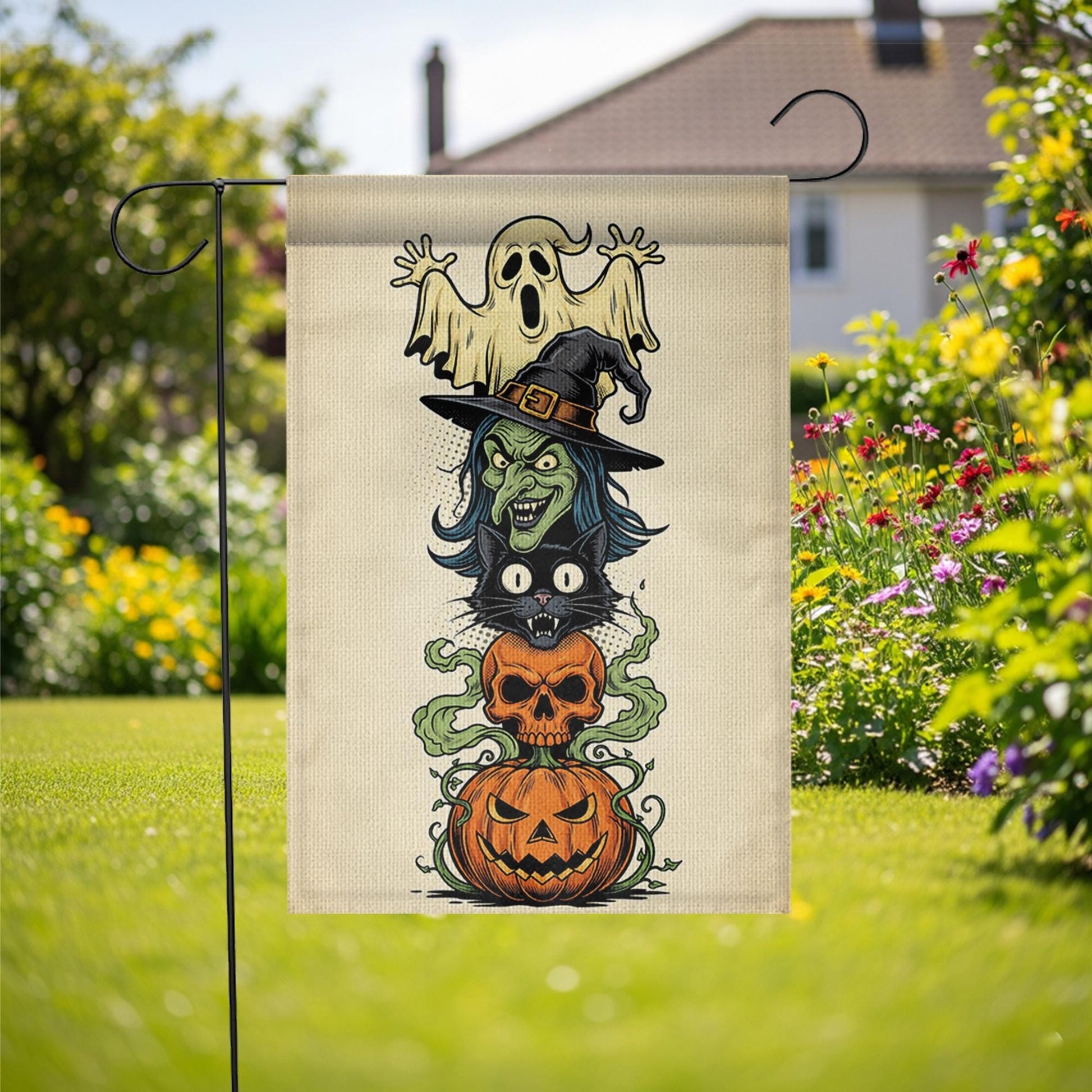 Halloween Garden Flag | Witch Ghost Black Cat Pumpkin Yard Decor | Fall Outdoor Banner | Spooky Lawn Decoration | Trick or Treat Sign