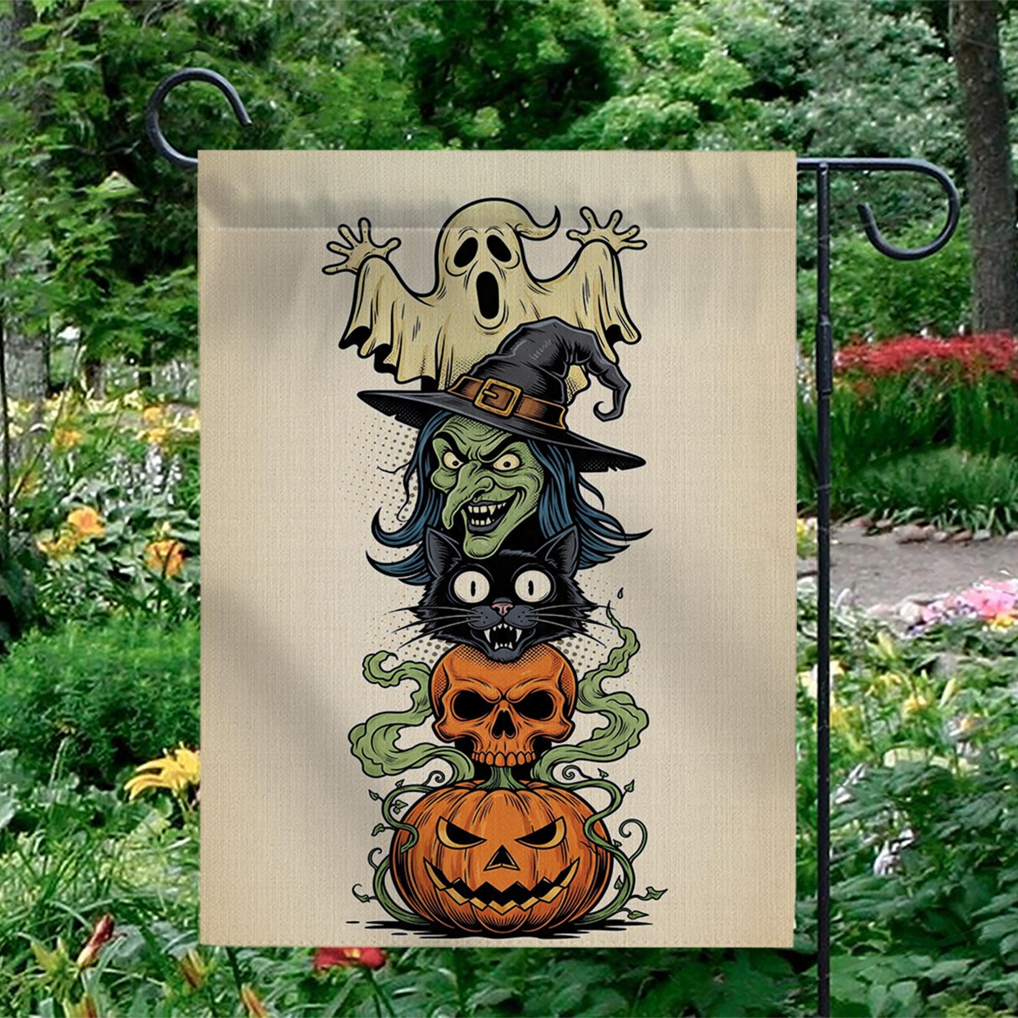 Halloween Garden Flag | Witch Ghost Black Cat Pumpkin Yard Decor | Fall Outdoor Banner | Spooky Lawn Decoration | Trick or Treat Sign