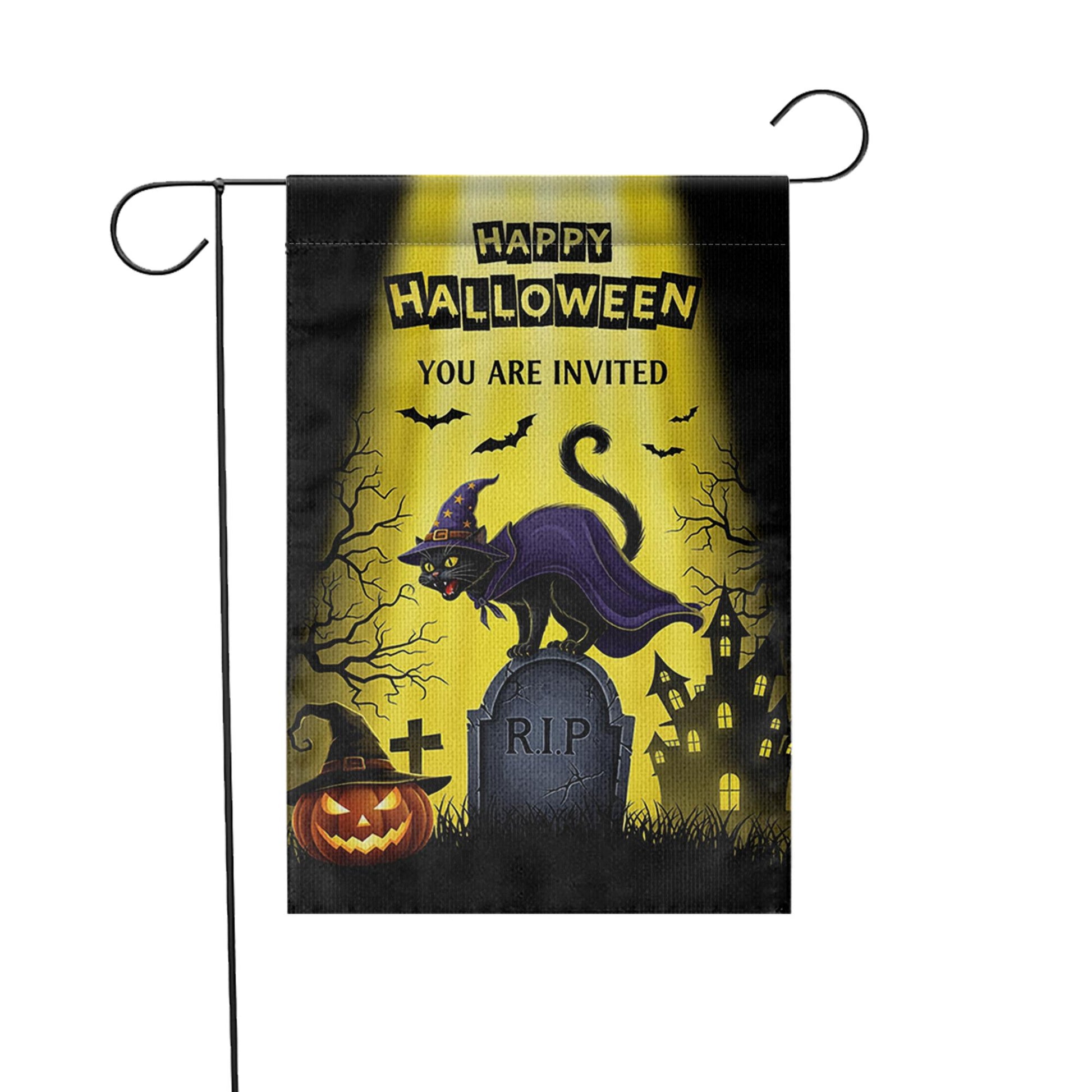 Halloween Garden Flag | Witch Cat Graveyard RIP Outdoor Banner | Scary Fall Yard Decor | Spooky Halloween Party Invitation Sign