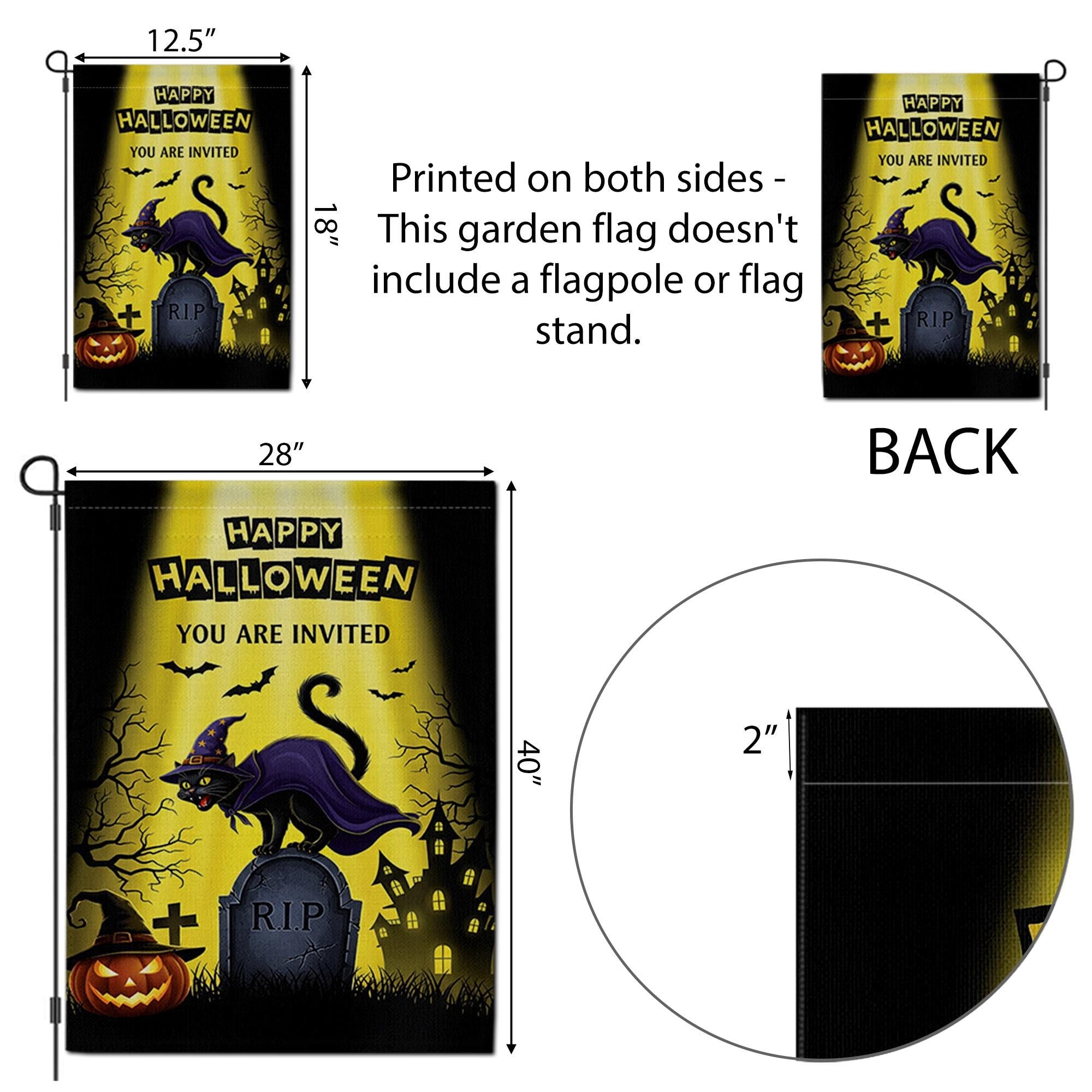 Halloween Garden Flag | Witch Cat Graveyard RIP Outdoor Banner | Scary Fall Yard Decor | Spooky Halloween Party Invitation Sign
