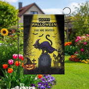 Halloween Garden Flag | Witch Cat Graveyard RIP Outdoor Banner | Scary Fall Yard Decor | Spooky Halloween Party Invitation Sign