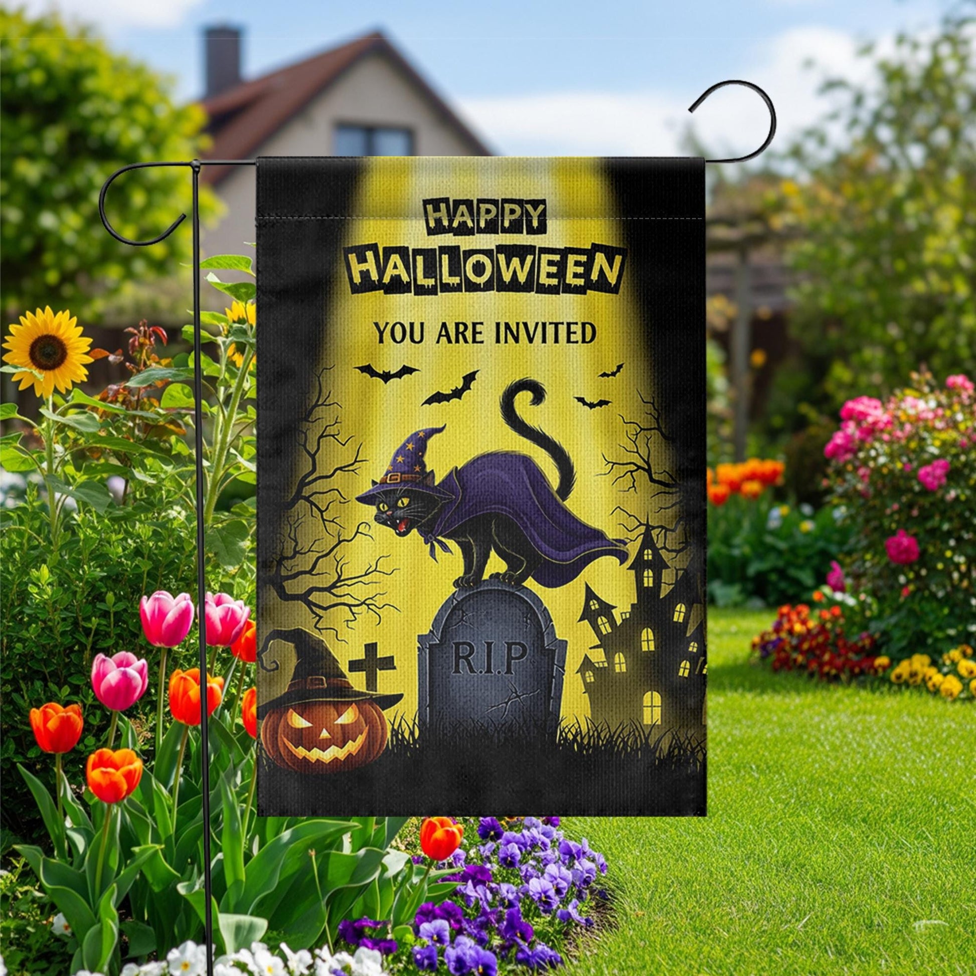 Halloween Garden Flag | Witch Cat Graveyard RIP Outdoor Banner | Scary Fall Yard Decor | Spooky Halloween Party Invitation Sign