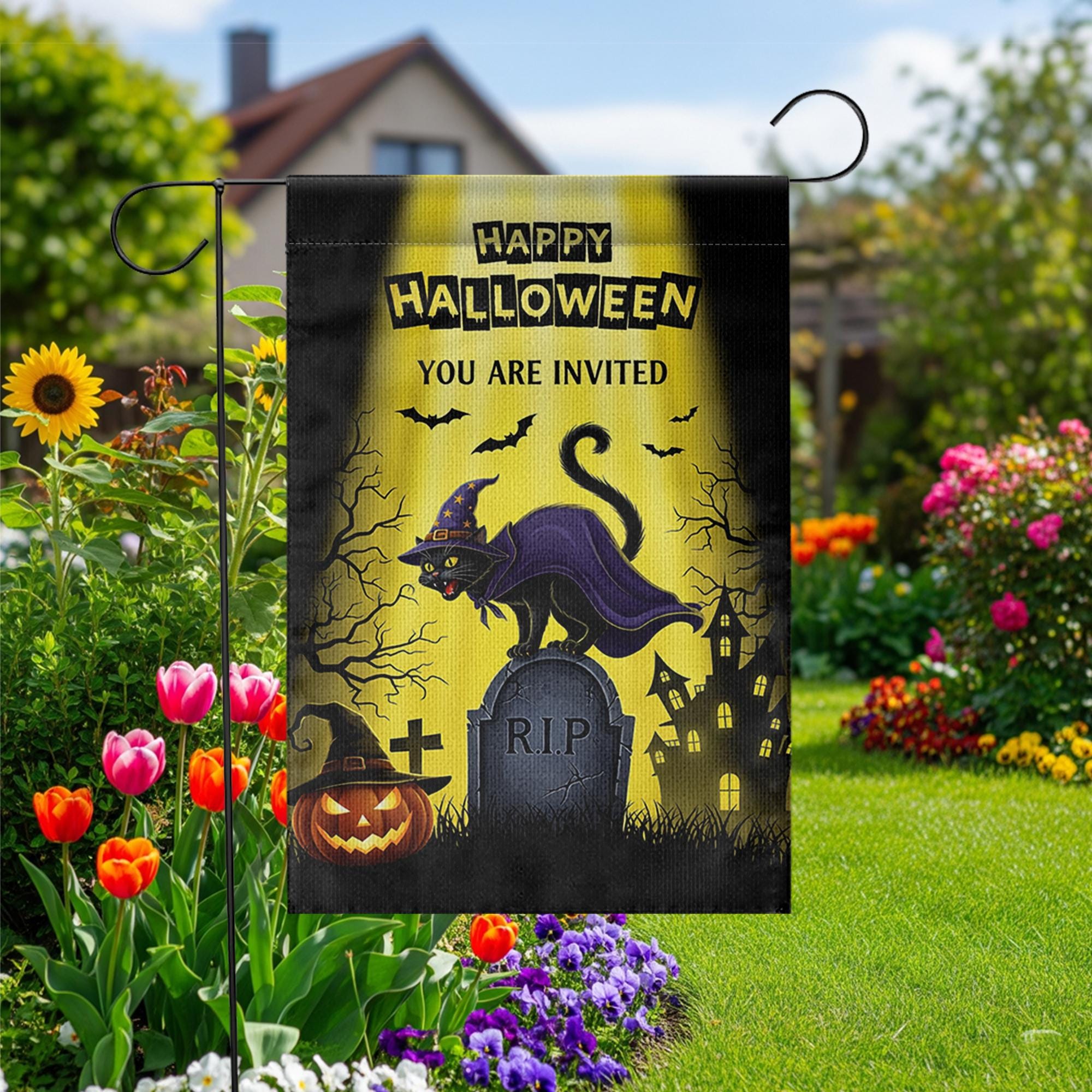Halloween Garden Flag | Witch Cat Graveyard RIP Outdoor Banner | Scary Fall Yard Decor | Spooky Halloween Party Invitation Sign