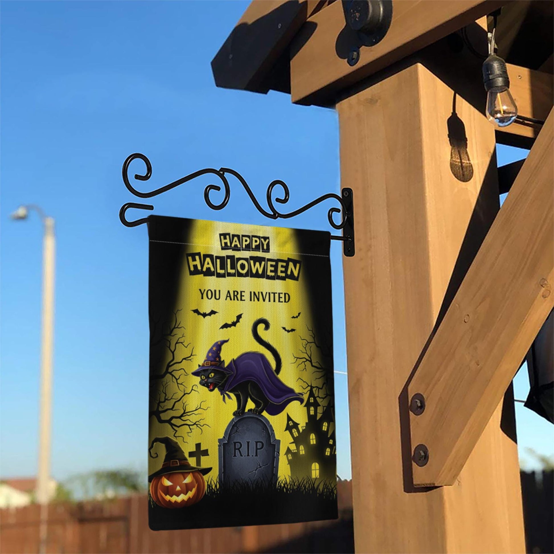 Halloween Garden Flag | Witch Cat Graveyard RIP Outdoor Banner | Scary Fall Yard Decor | Spooky Halloween Party Invitation Sign