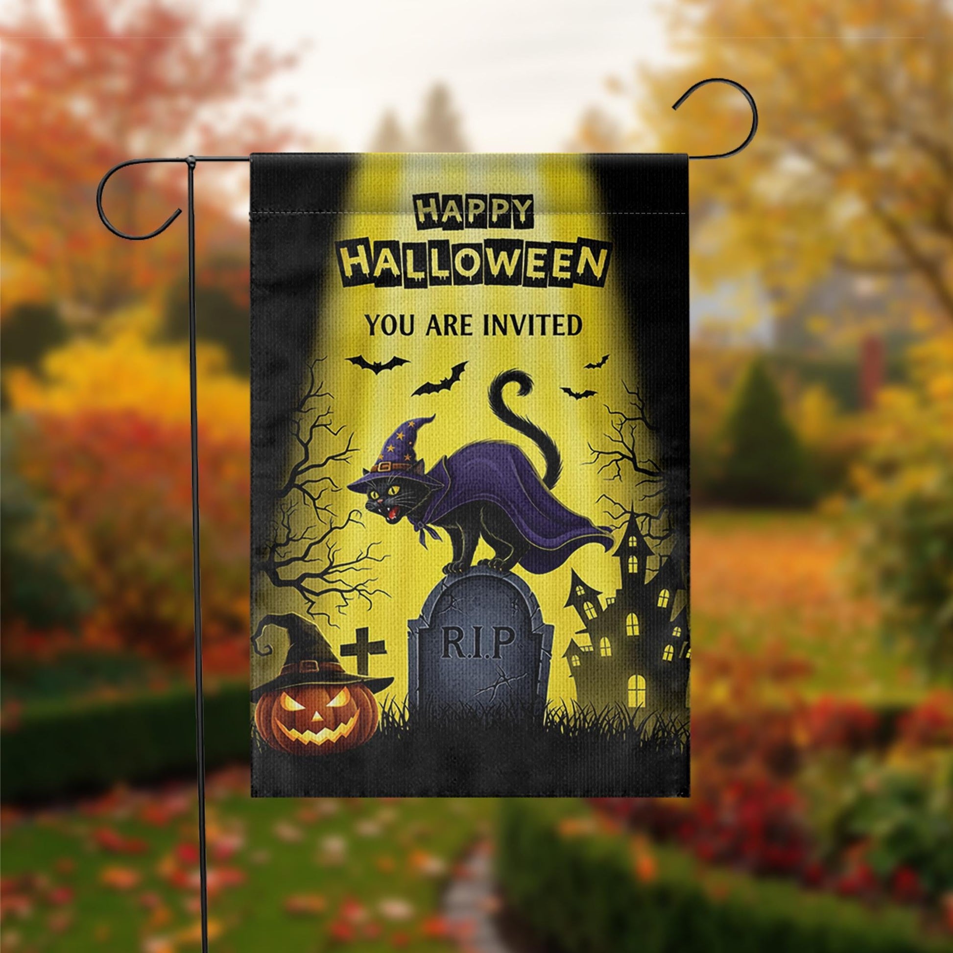 Halloween Garden Flag | Witch Cat Graveyard RIP Outdoor Banner | Scary Fall Yard Decor | Spooky Halloween Party Invitation Sign