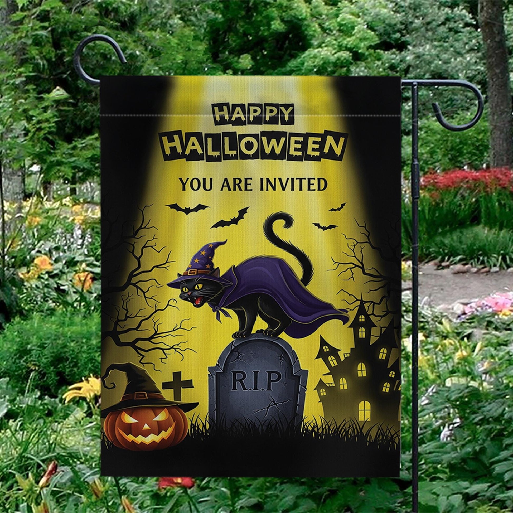 Halloween Garden Flag | Witch Cat Graveyard RIP Outdoor Banner | Scary Fall Yard Decor | Spooky Halloween Party Invitation Sign
