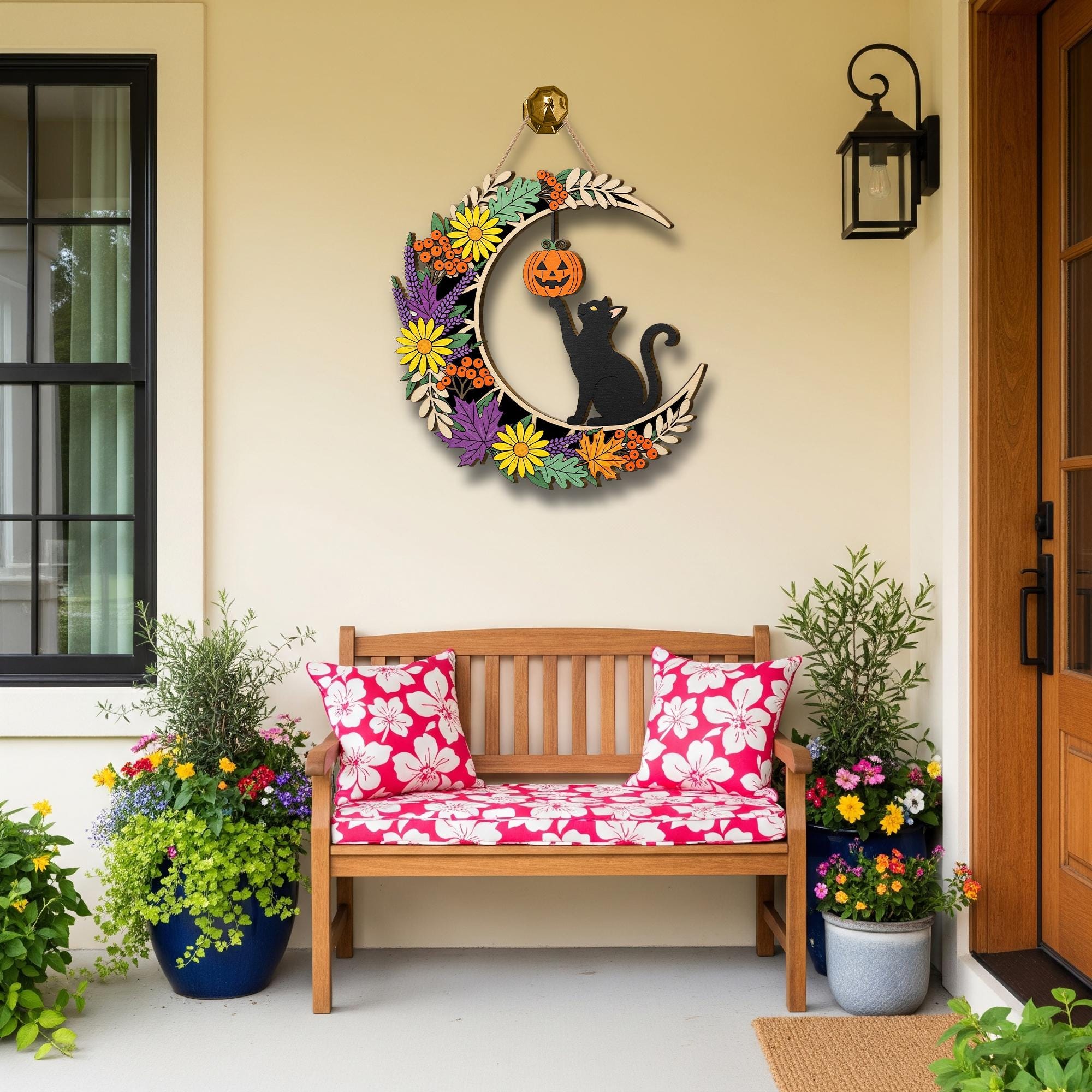 Halloween Black Cat Moon Sign, Spooky Floral Door Hanger, Pumpkin & Leaves Autumn Decor, Witchy Cat Welcome Sign, Fall Front Door Wreath