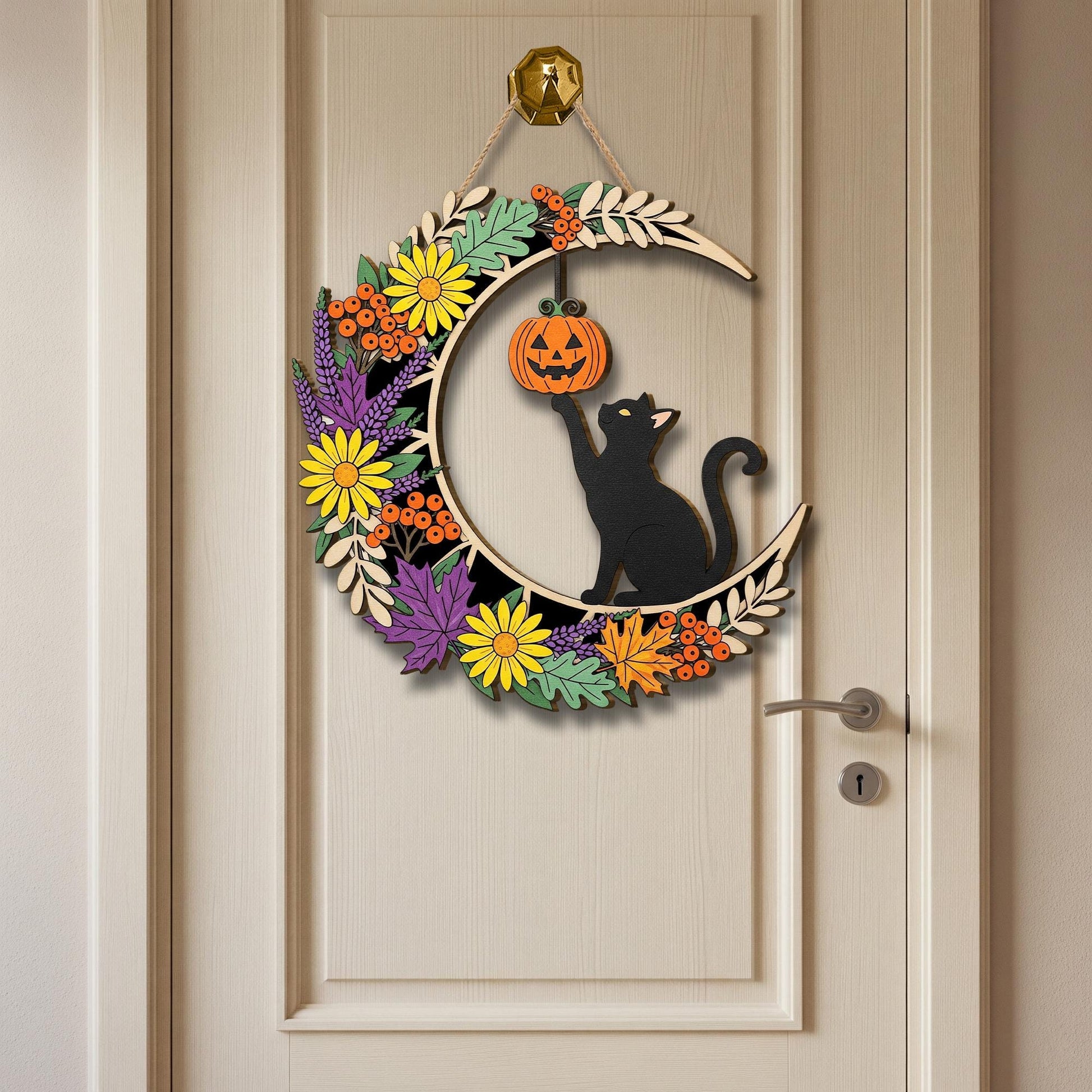 Halloween Black Cat Moon Sign, Spooky Floral Door Hanger, Pumpkin & Leaves Autumn Decor, Witchy Cat Welcome Sign, Fall Front Door Wreath