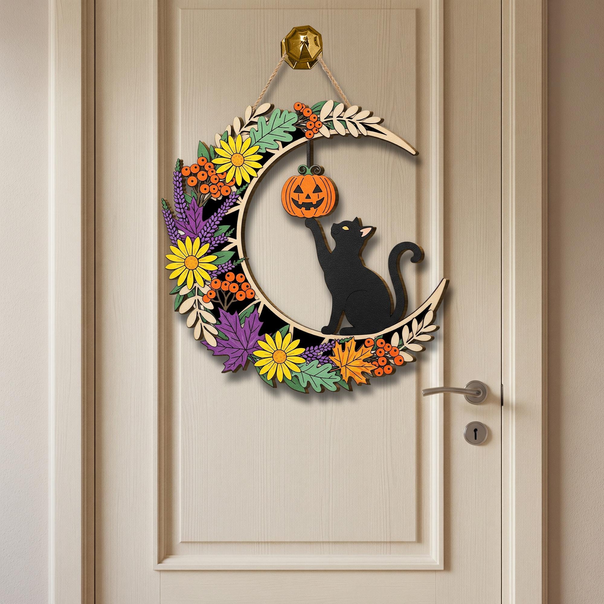 Halloween Black Cat Moon Sign, Spooky Floral Door Hanger, Pumpkin & Leaves Autumn Decor, Witchy Cat Welcome Sign, Fall Front Door Wreath