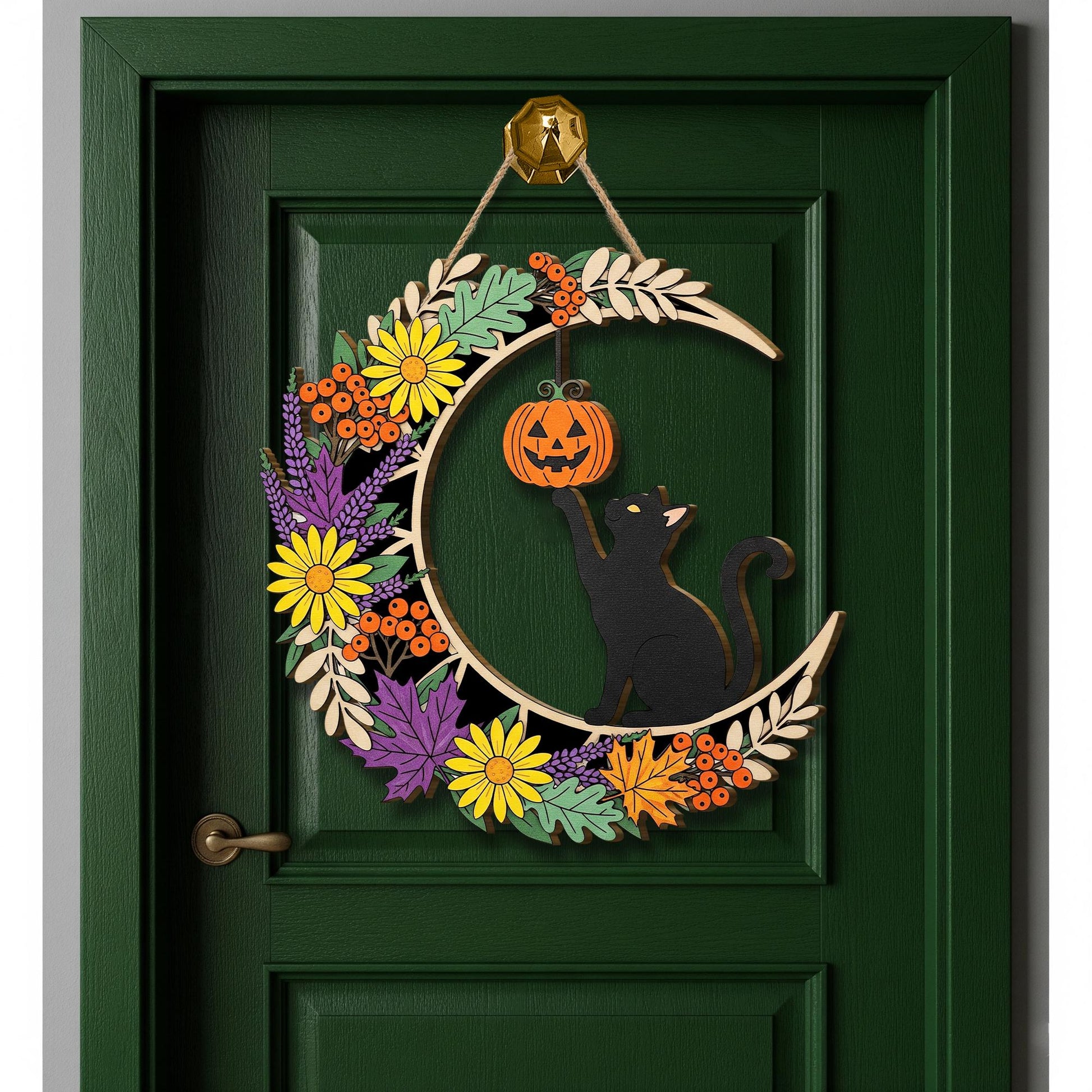 Halloween Black Cat Moon Sign, Spooky Floral Door Hanger, Pumpkin & Leaves Autumn Decor, Witchy Cat Welcome Sign, Fall Front Door Wreath