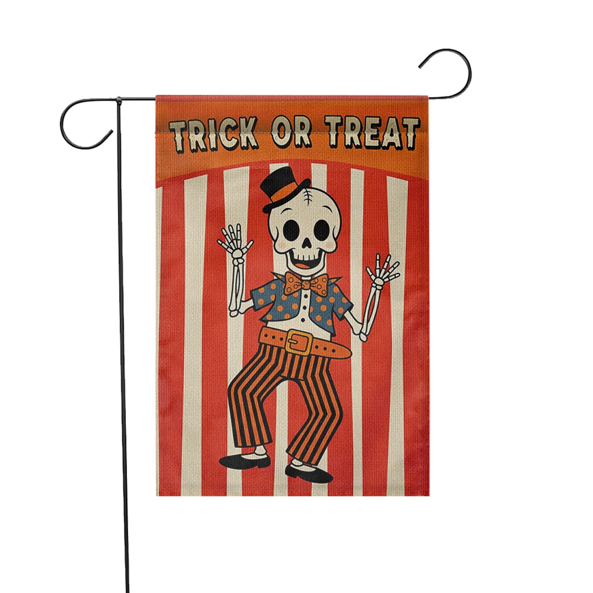 Halloween Garden Flag | Retro Skeleton Trick or Treat Yard Banner | Vintage Fall Outdoor Decor | Spooky Striped Party Sign