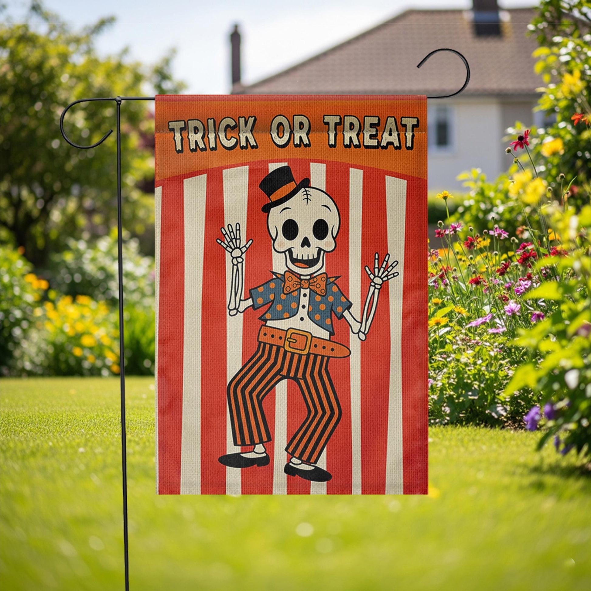 Halloween Garden Flag | Retro Skeleton Trick or Treat Yard Banner | Vintage Fall Outdoor Decor | Spooky Striped Party Sign