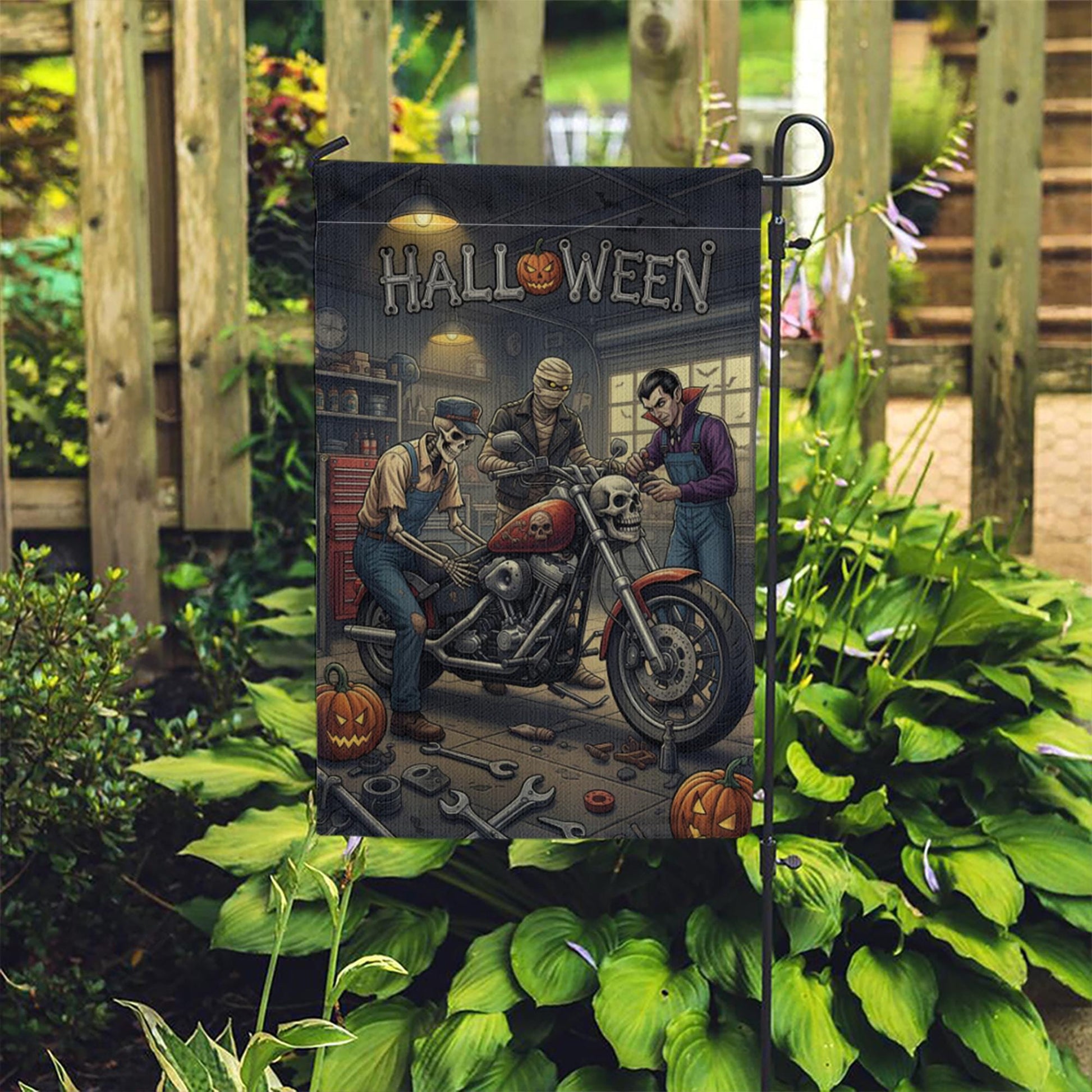 Halloween Garage Garden Flag | Biker Skeleton Motorcycle Yard Banner | Spooky Mechanic Outdoor Decor | Fall Horror Garage Sign