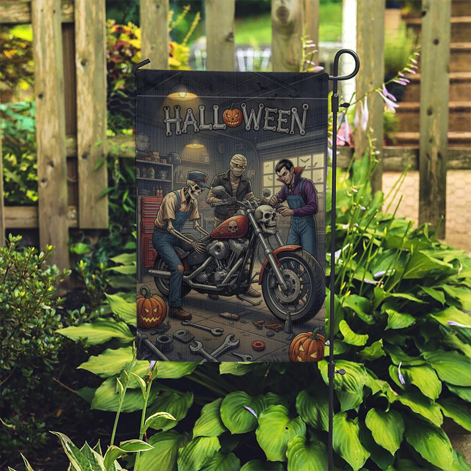 Halloween Garage Garden Flag | Biker Skeleton Motorcycle Yard Banner | Spooky Mechanic Outdoor Decor | Fall Horror Garage Sign