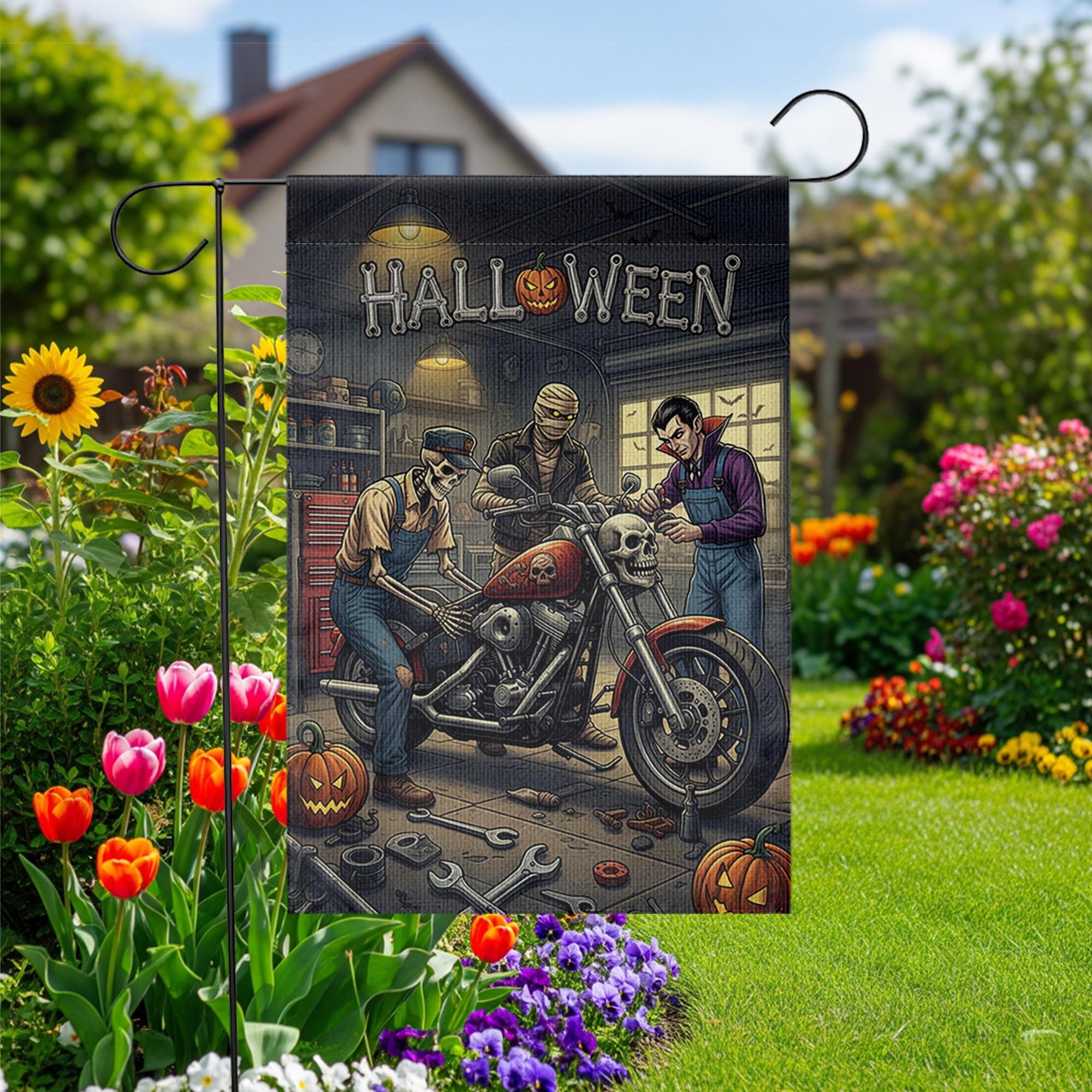 Halloween Garage Garden Flag | Biker Skeleton Motorcycle Yard Banner | Spooky Mechanic Outdoor Decor | Fall Horror Garage Sign