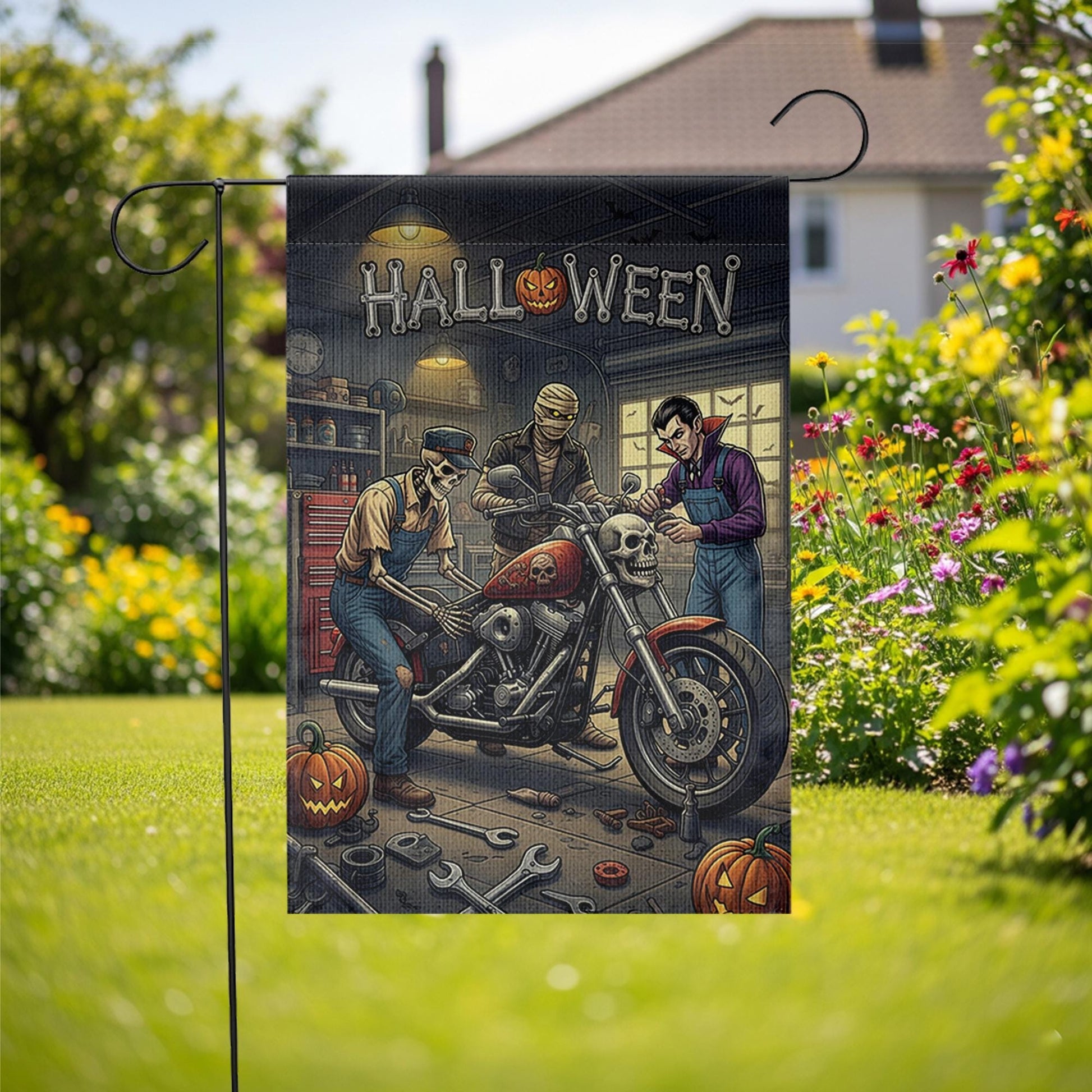 Halloween Garage Garden Flag | Biker Skeleton Motorcycle Yard Banner | Spooky Mechanic Outdoor Decor | Fall Horror Garage Sign