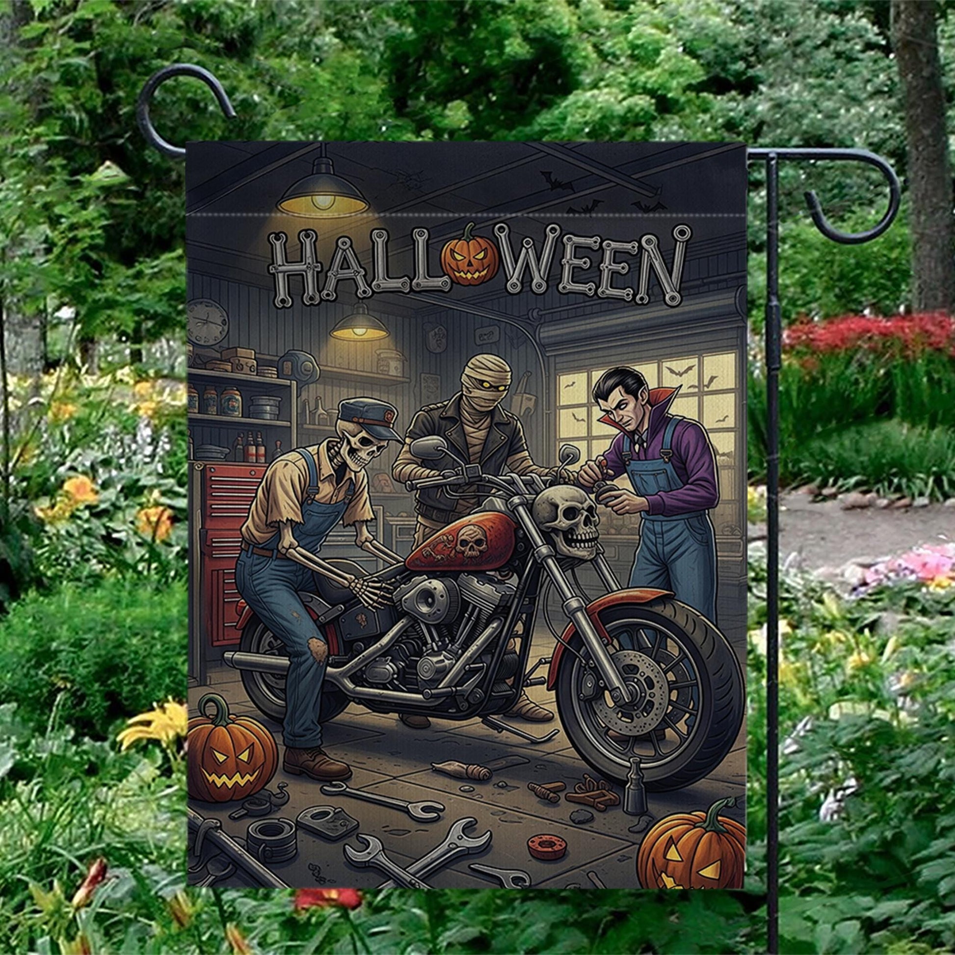 Halloween Garage Garden Flag | Biker Skeleton Motorcycle Yard Banner | Spooky Mechanic Outdoor Decor | Fall Horror Garage Sign