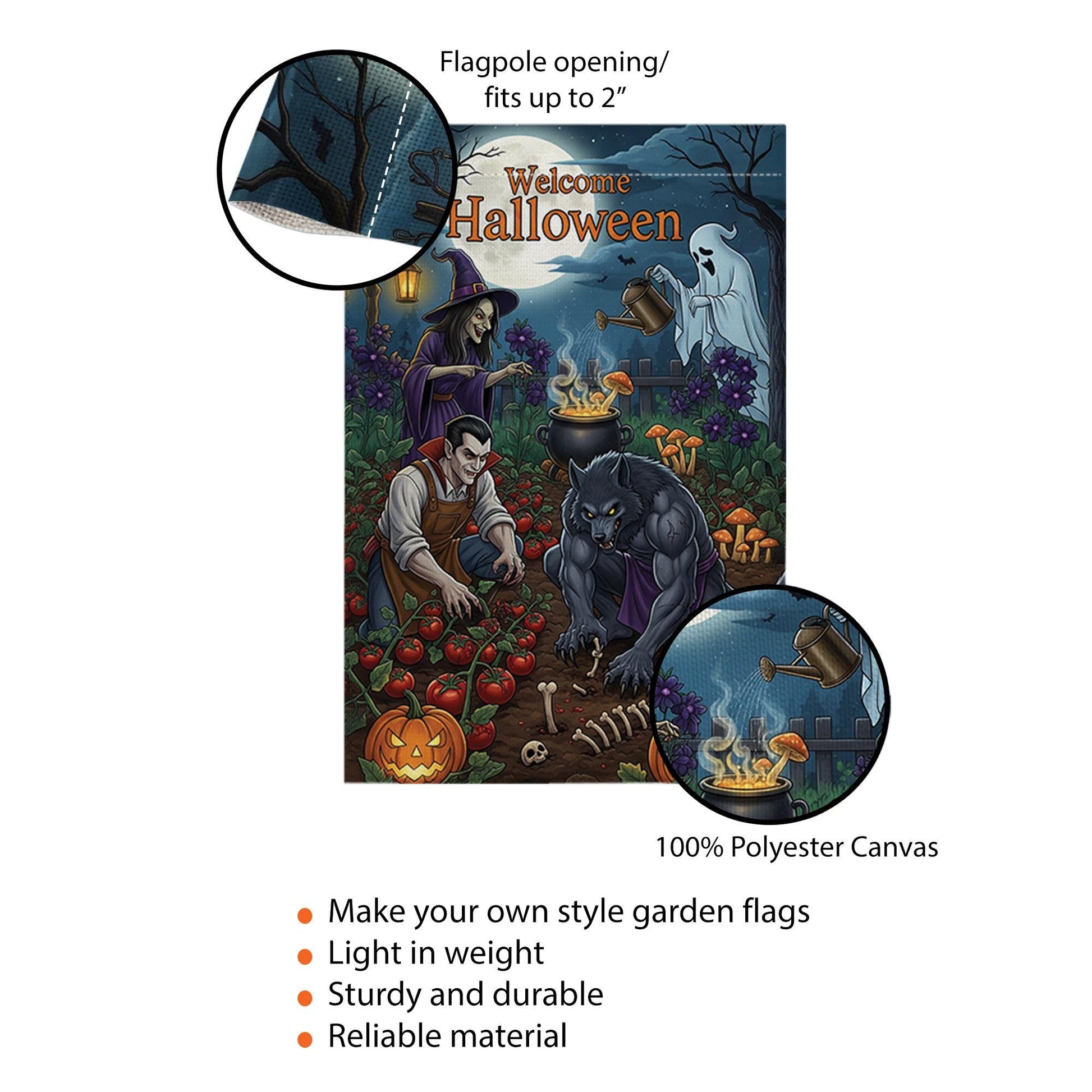 Welcome Halloween Garden Flag | Spooky Witch Vampire Werewolf Yard Banner | Fall Outdoor Decor | Haunted Garden Halloween Sign