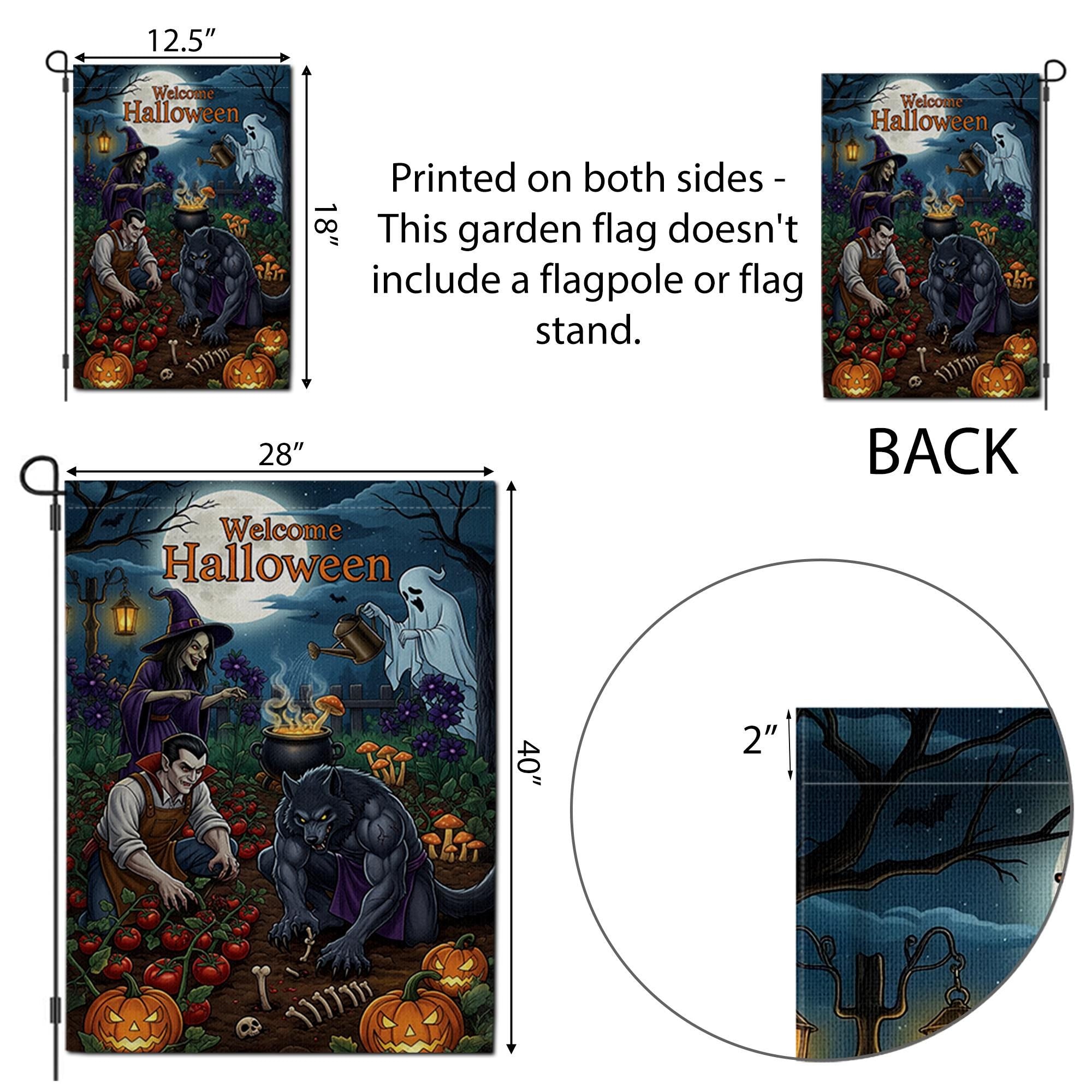 Welcome Halloween Garden Flag | Spooky Witch Vampire Werewolf Yard Banner | Fall Outdoor Decor | Haunted Garden Halloween Sign