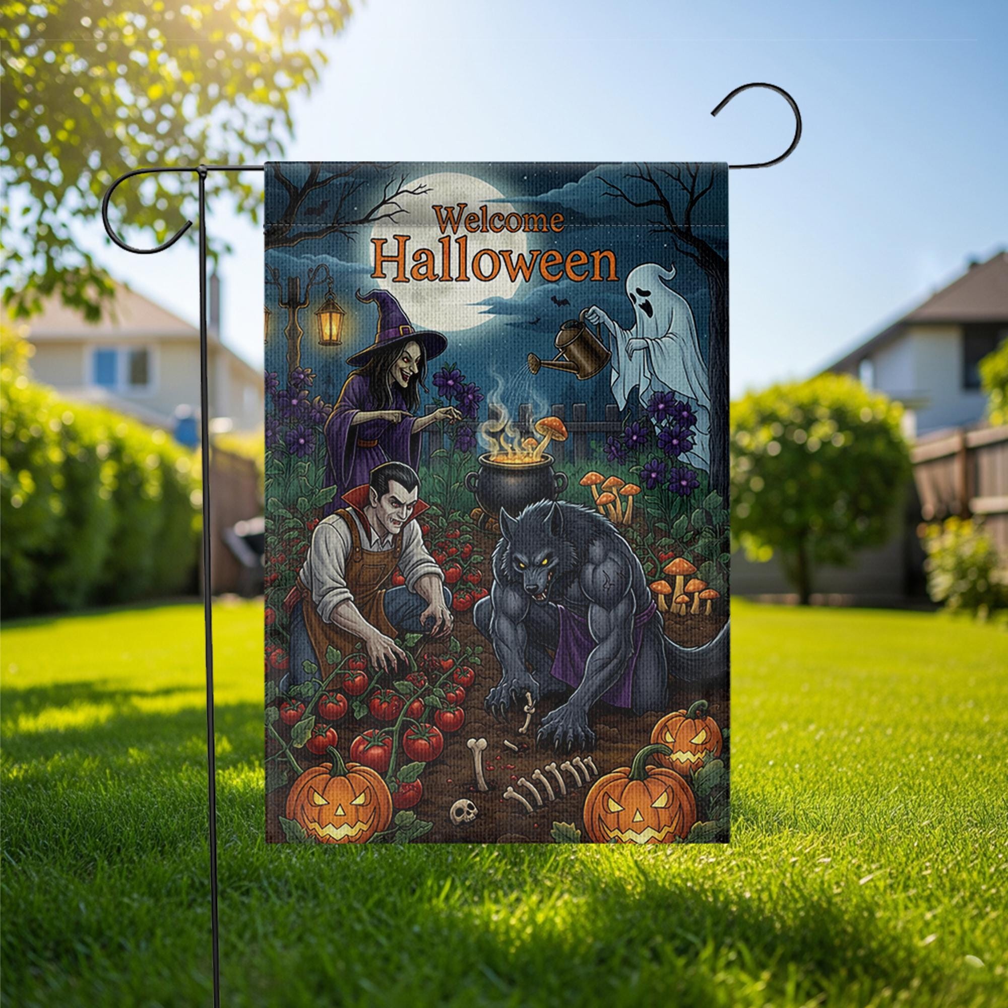 Welcome Halloween Garden Flag | Spooky Witch Vampire Werewolf Yard Banner | Fall Outdoor Decor | Haunted Garden Halloween Sign