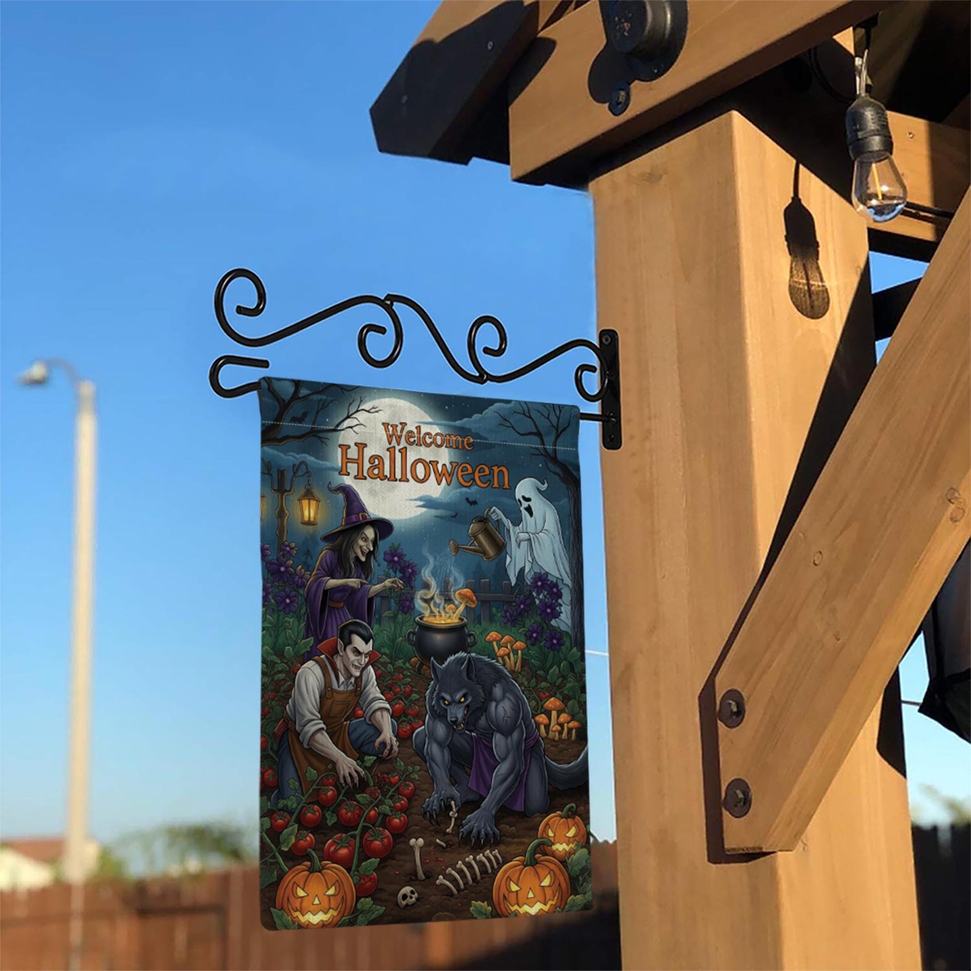 Welcome Halloween Garden Flag | Spooky Witch Vampire Werewolf Yard Banner | Fall Outdoor Decor | Haunted Garden Halloween Sign