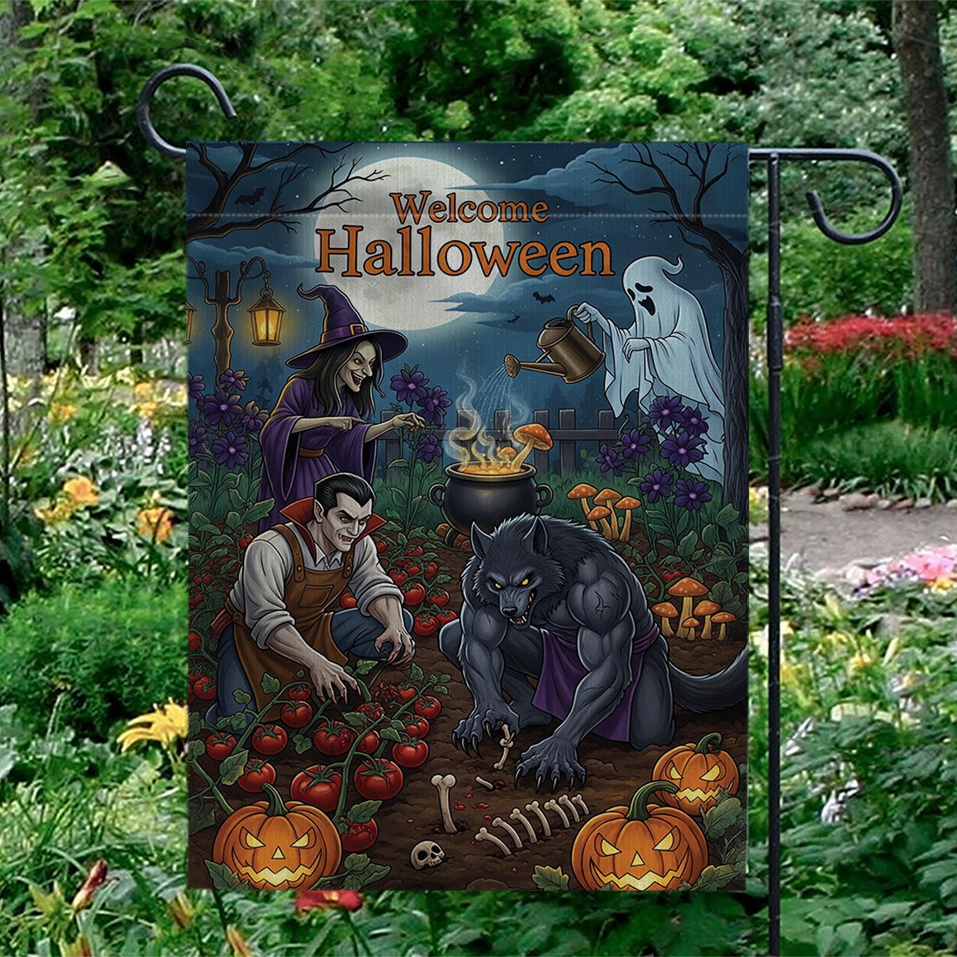 Welcome Halloween Garden Flag | Spooky Witch Vampire Werewolf Yard Banner | Fall Outdoor Decor | Haunted Garden Halloween Sign