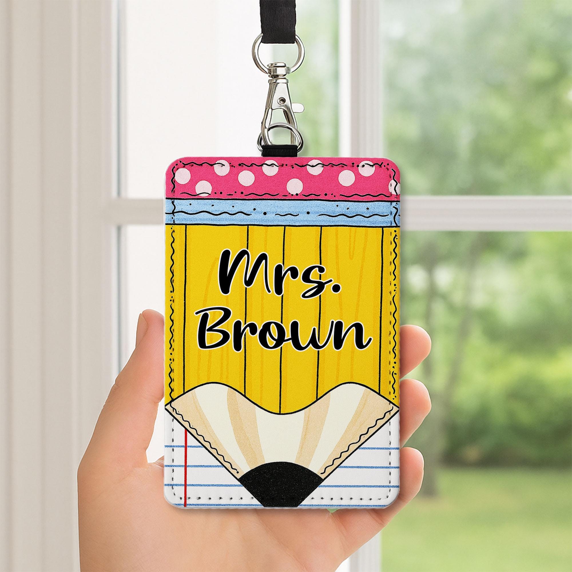 Personalized Teacher Badge Holder - Cute Pencil Design Name Tag for Classroom, Custom Lanyard ID Clip, Back to School Gift, Teacher Gift