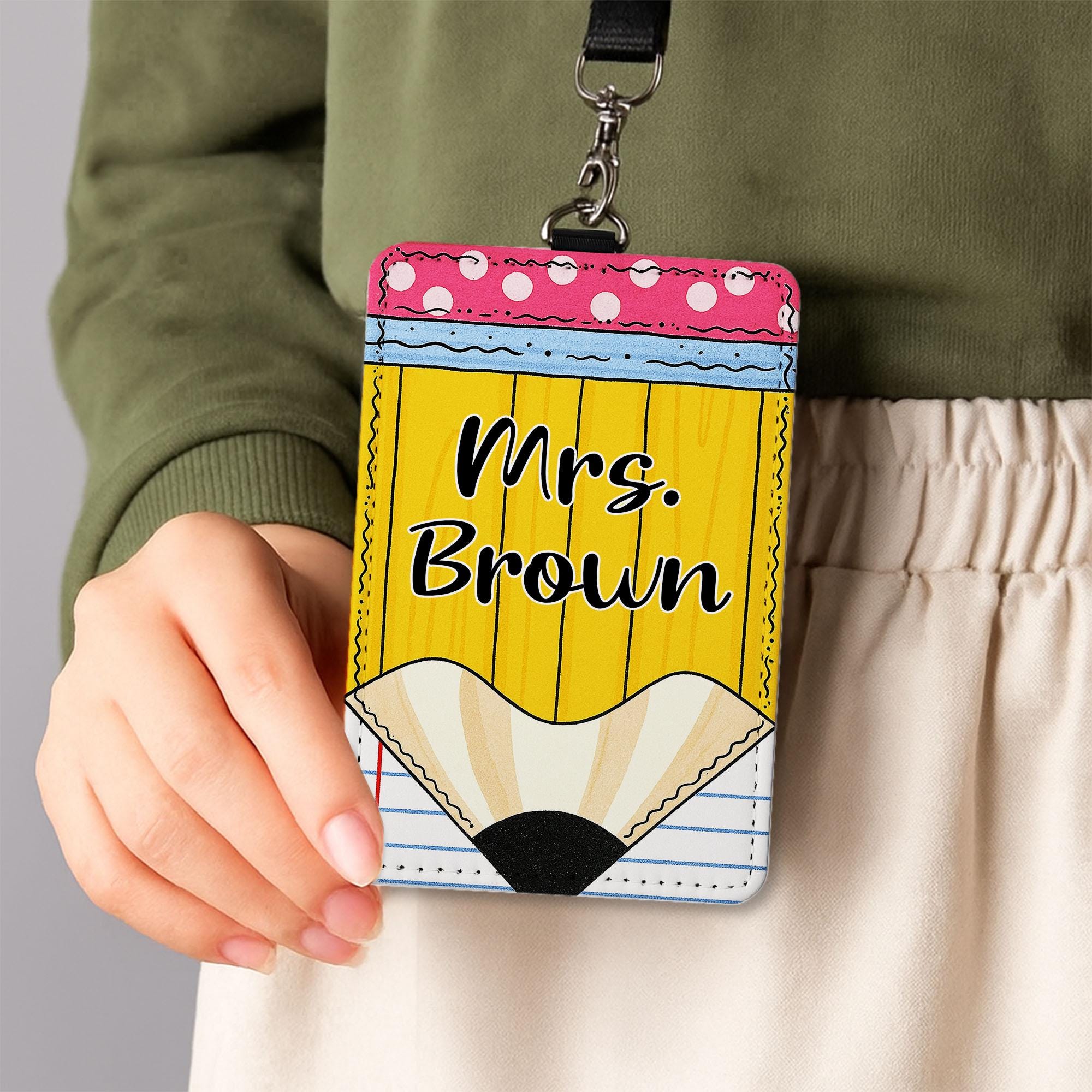 Personalized Teacher Badge Holder - Cute Pencil Design Name Tag for Classroom, Custom Lanyard ID Clip, Back to School Gift, Teacher Gift