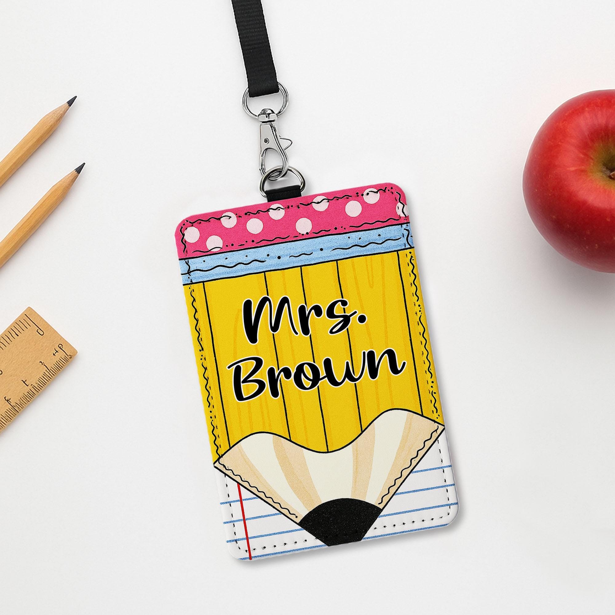 Personalized Teacher Badge Holder - Cute Pencil Design Name Tag for Classroom, Custom Lanyard ID Clip, Back to School Gift, Teacher Gift
